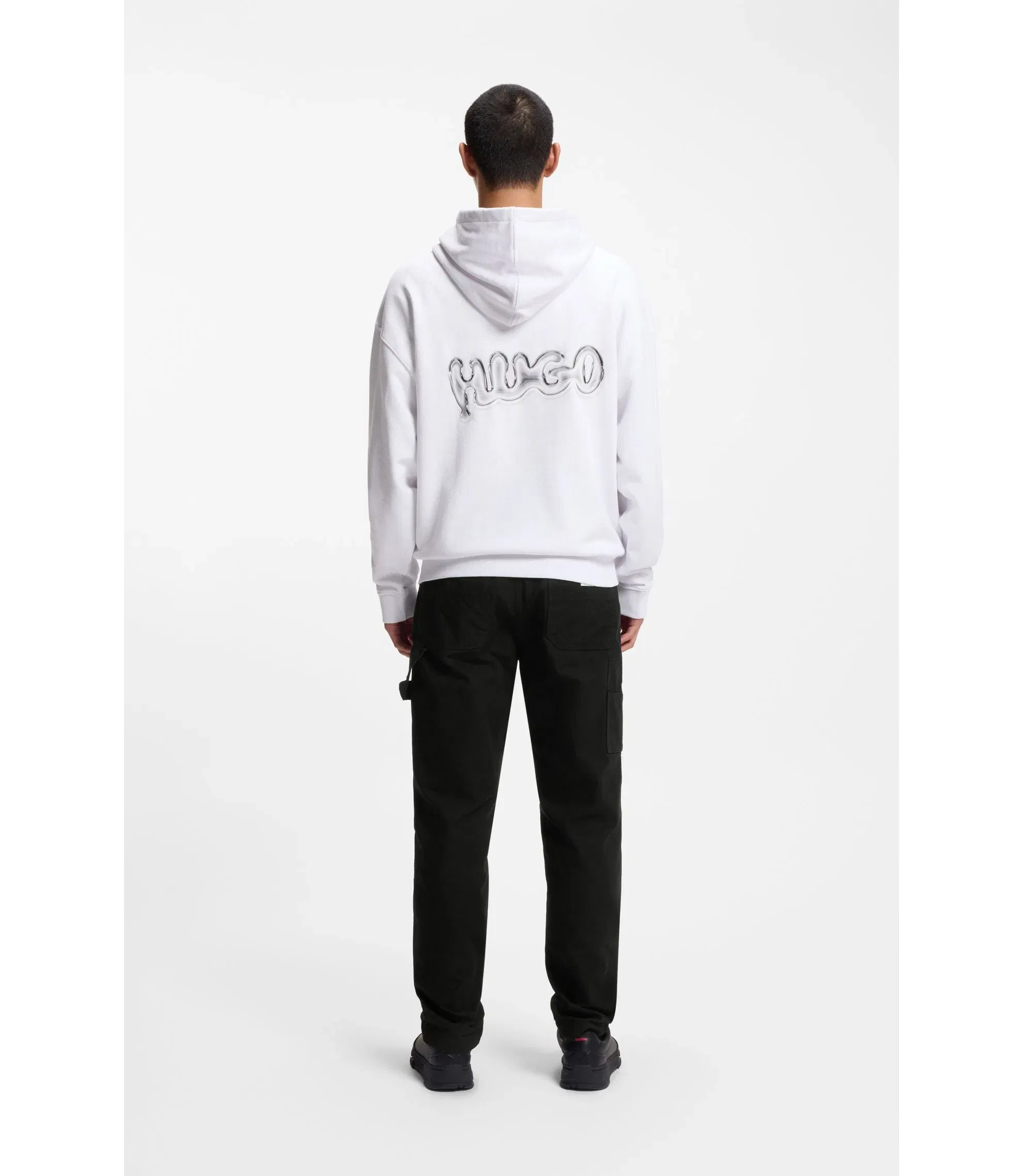 Hugo Logo Print Hoodie In Cotton Terry White