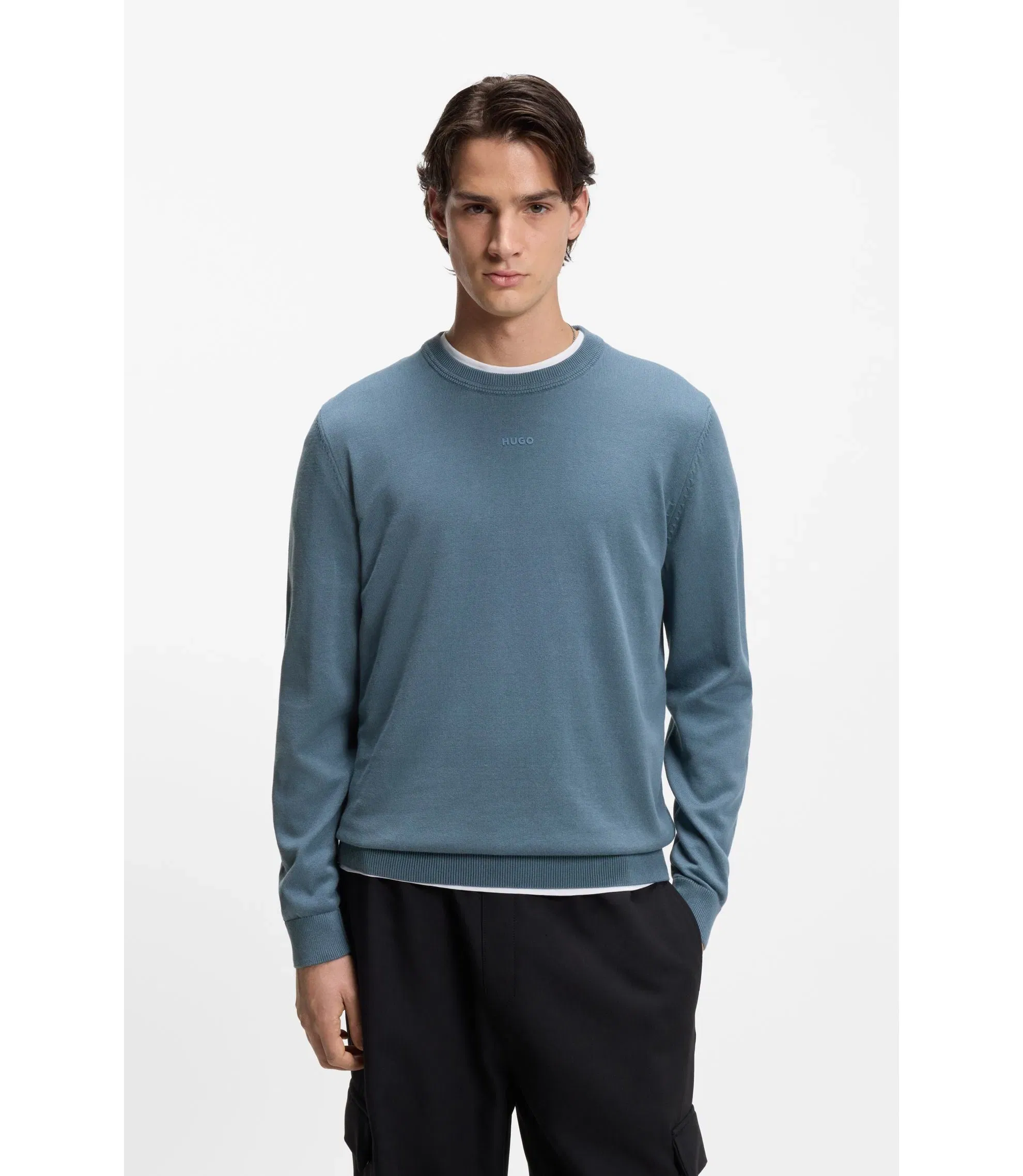 Hugo Logo Detail Sweater In Cotton Light Blue