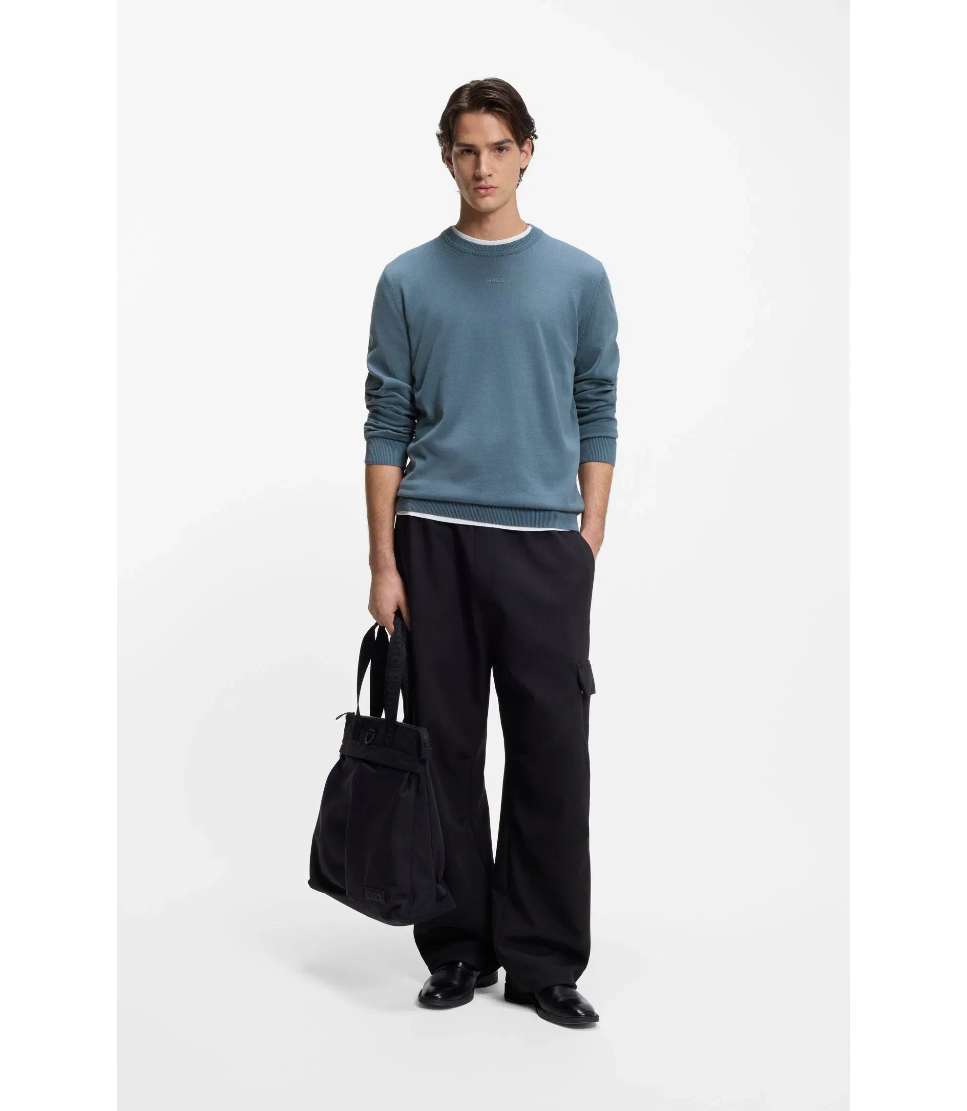 Hugo Logo Detail Sweater In Cotton Light Blue