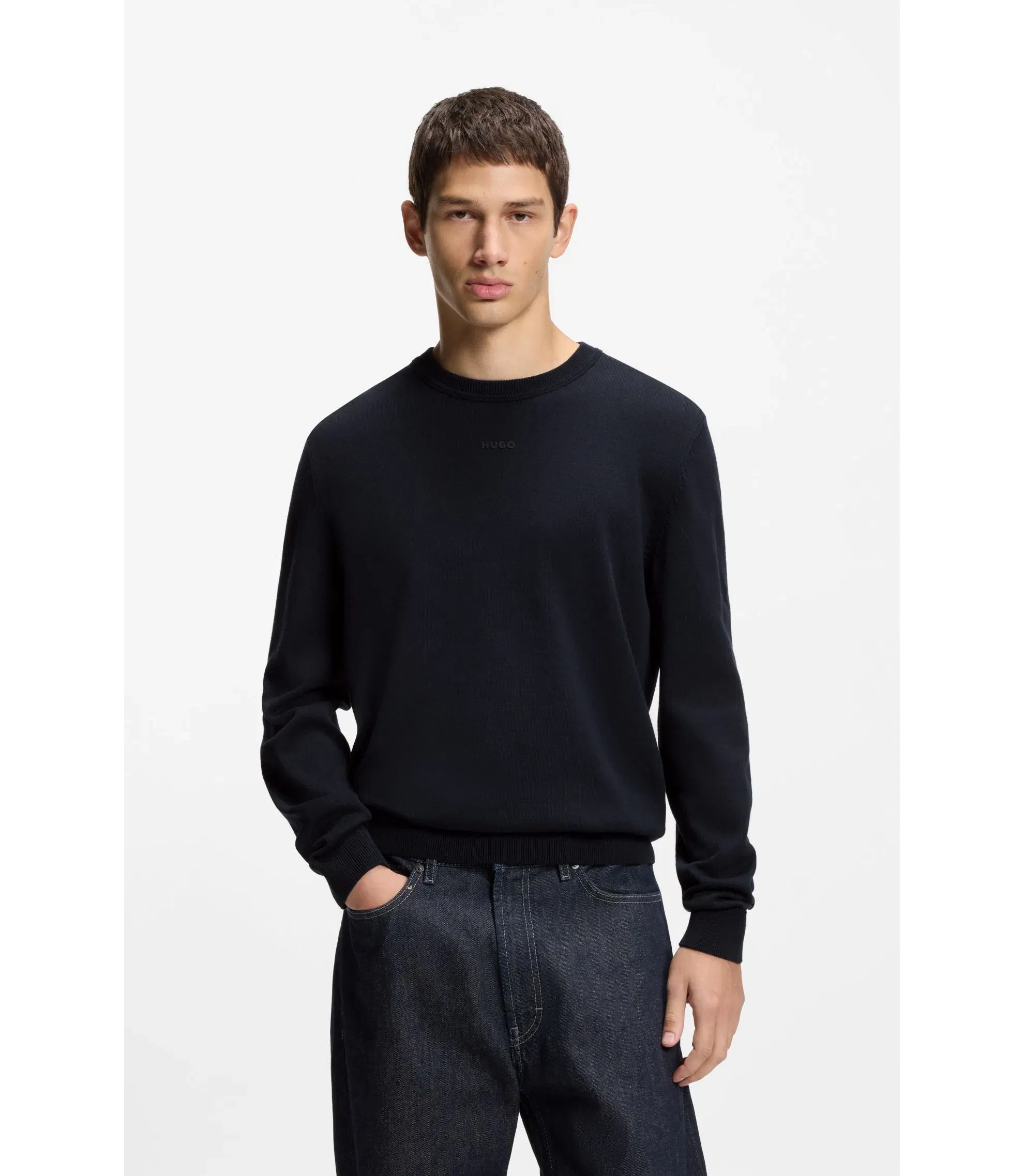 Hugo Logo Detail Sweater In Cotton Dark Blue