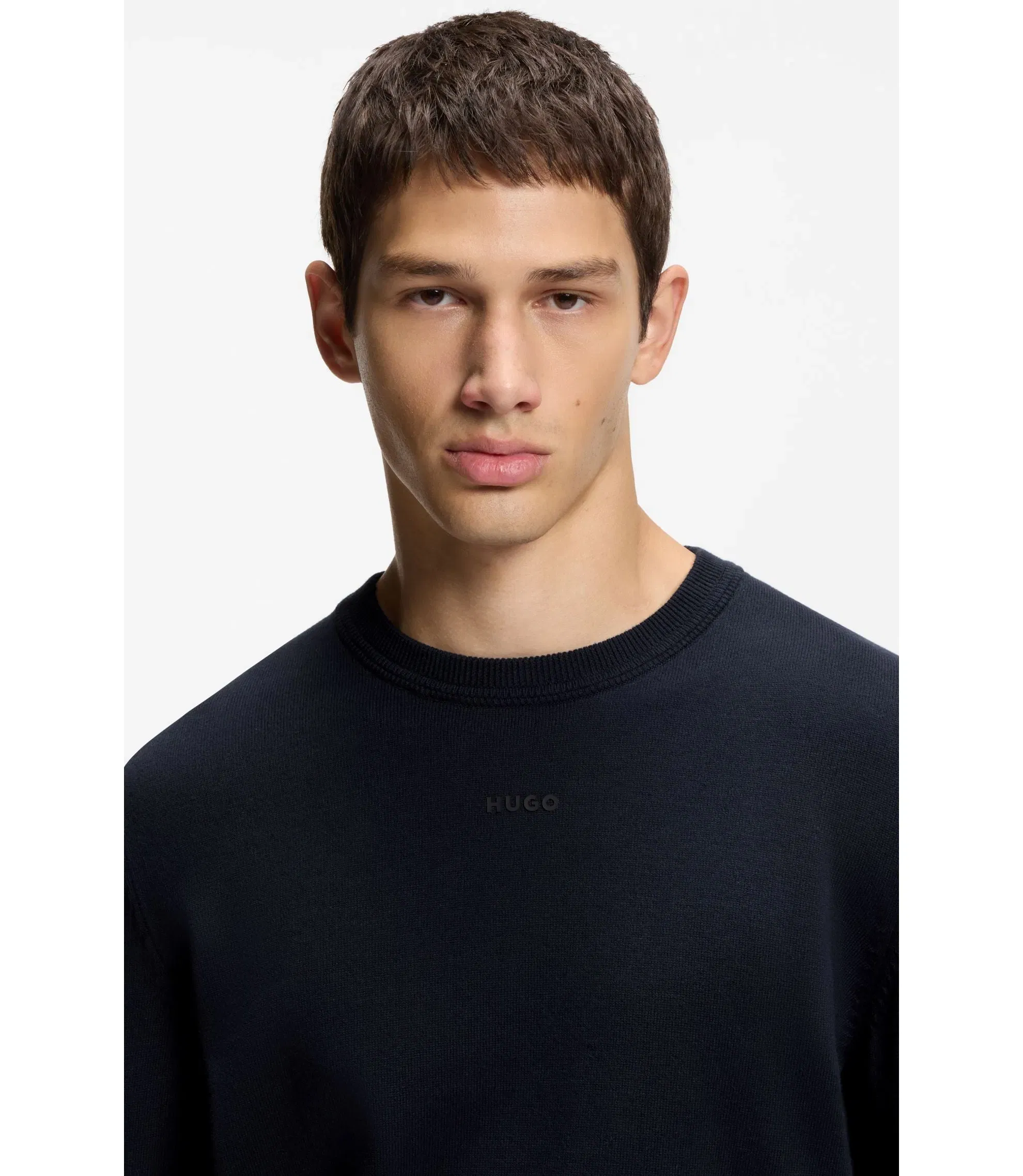 Hugo Logo Detail Sweater In Cotton Dark Blue