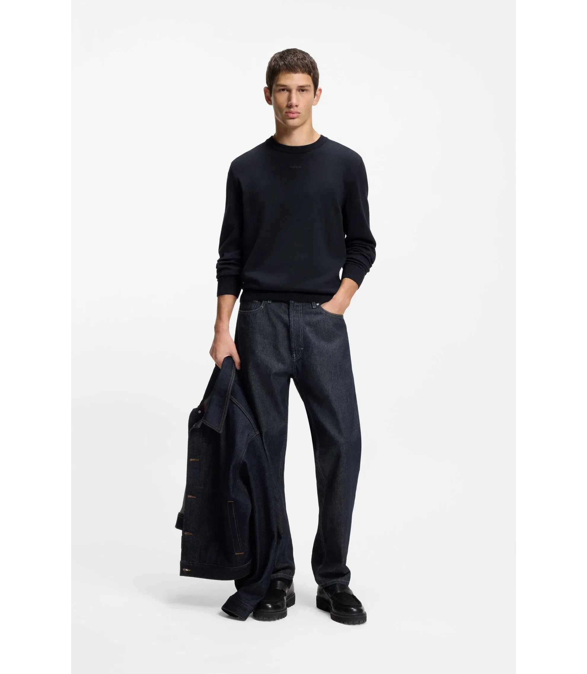 Hugo Logo Detail Sweater In Cotton Dark Blue