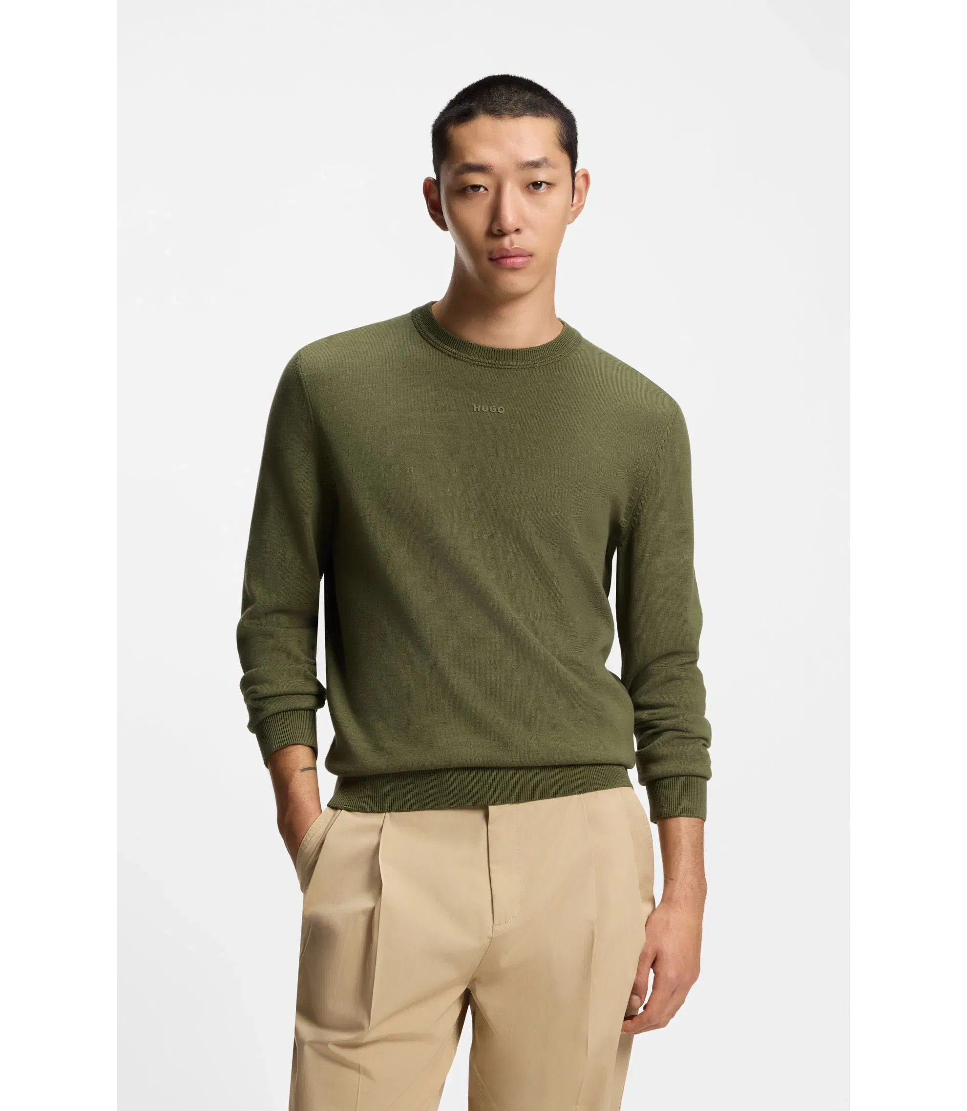 Hugo Logo Detail Sweater In Cotton Light Green