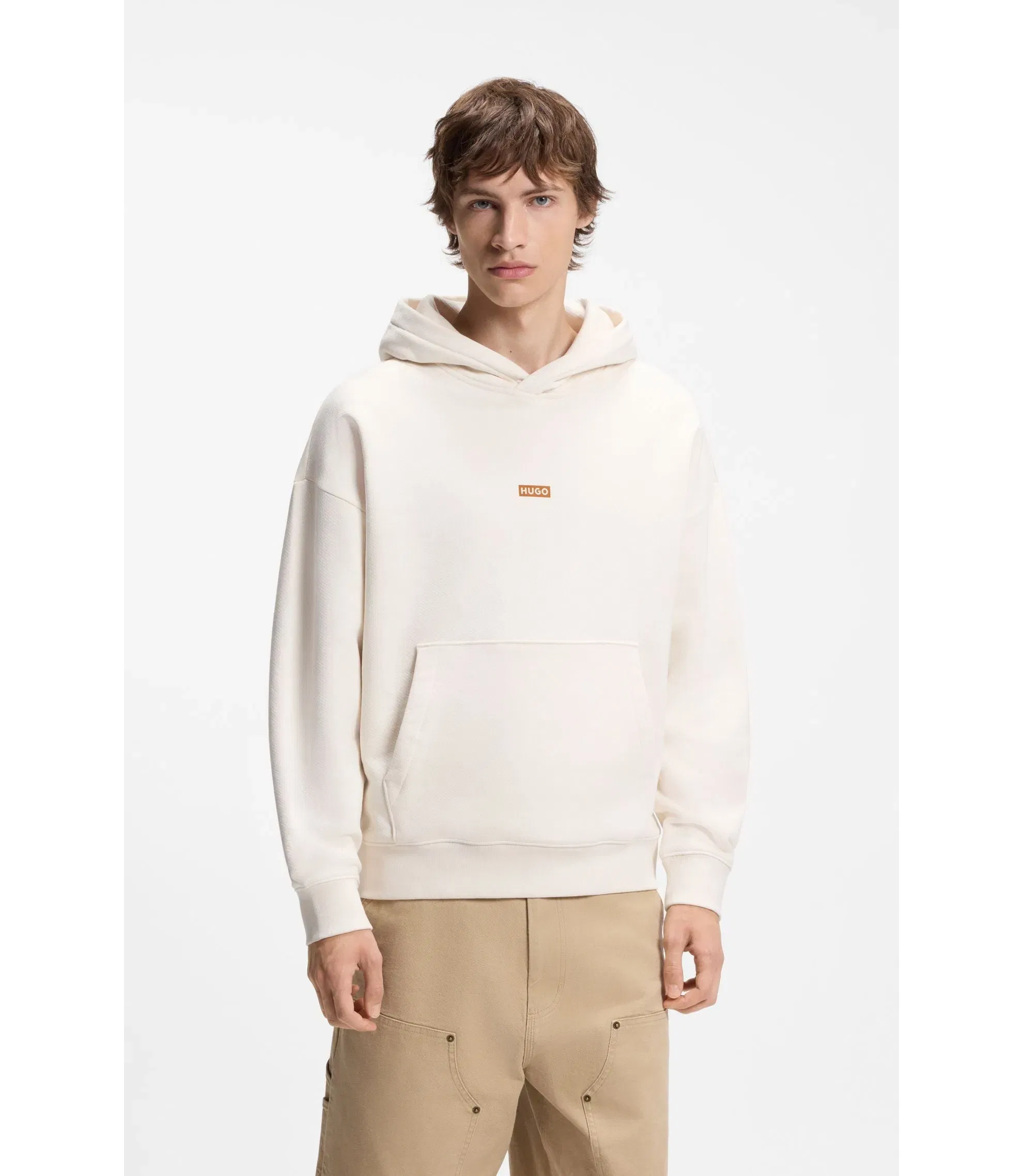 Hugo Logo Detail Hoodie In Cotton Terry White
