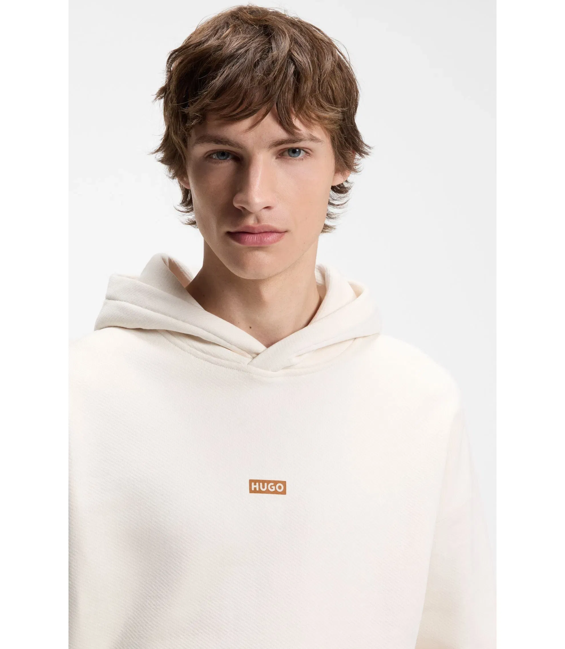 Hugo Logo Detail Hoodie In Cotton Terry White