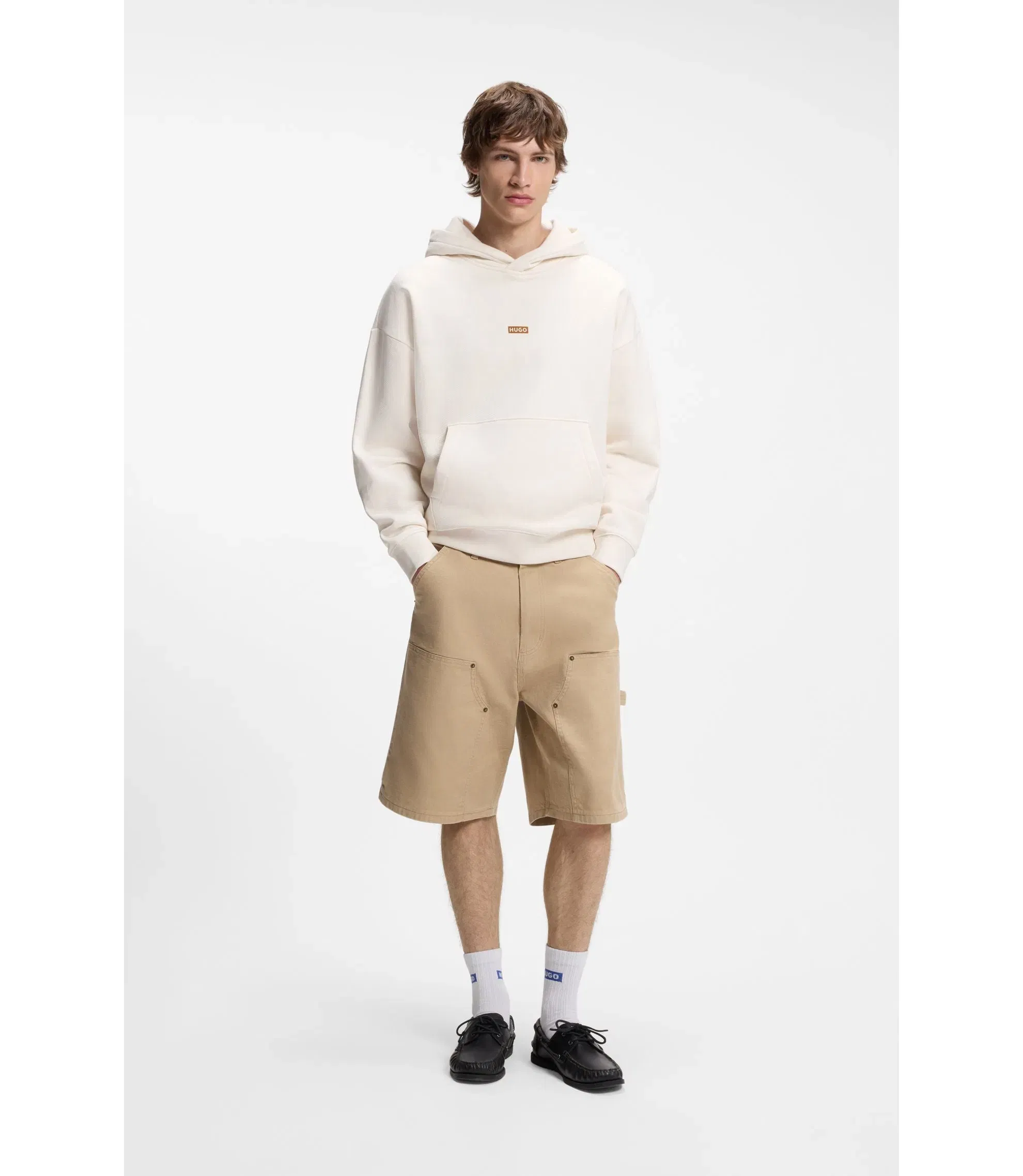 Hugo Logo Detail Hoodie In Cotton Terry White