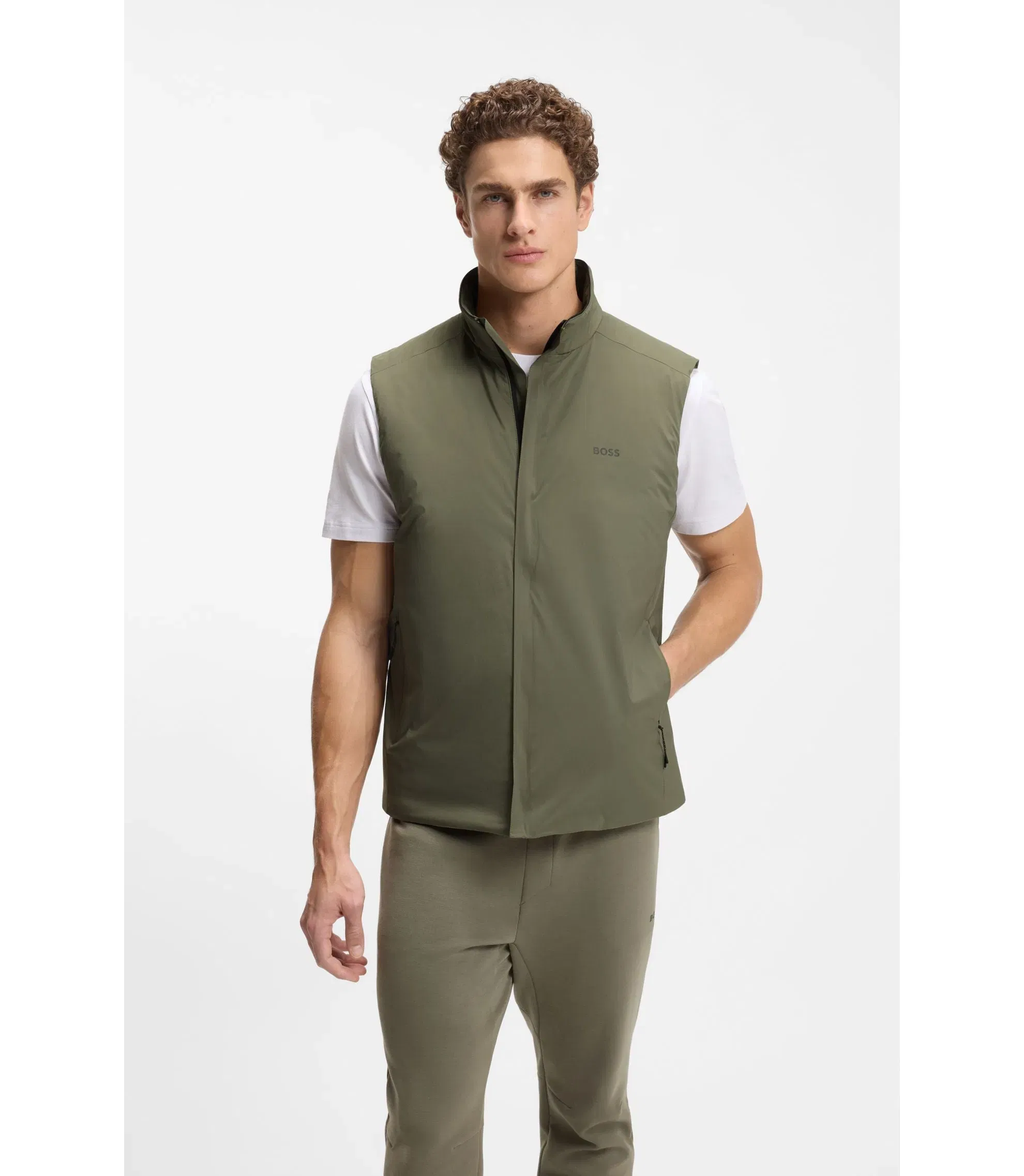 Boss Logo Detail Gilet With Water Repellent Finish Khaki