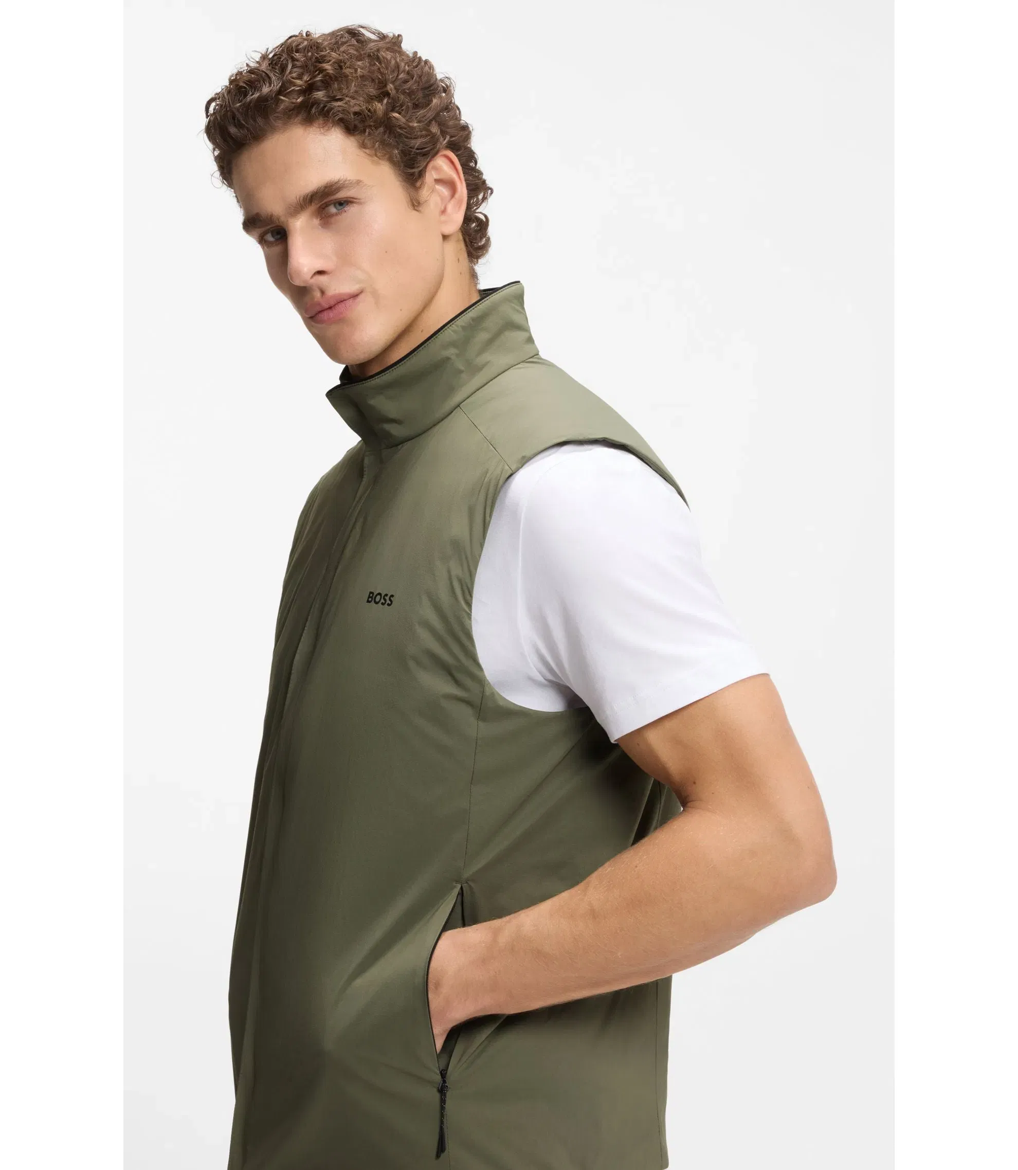 Boss Logo Detail Gilet With Water Repellent Finish Khaki