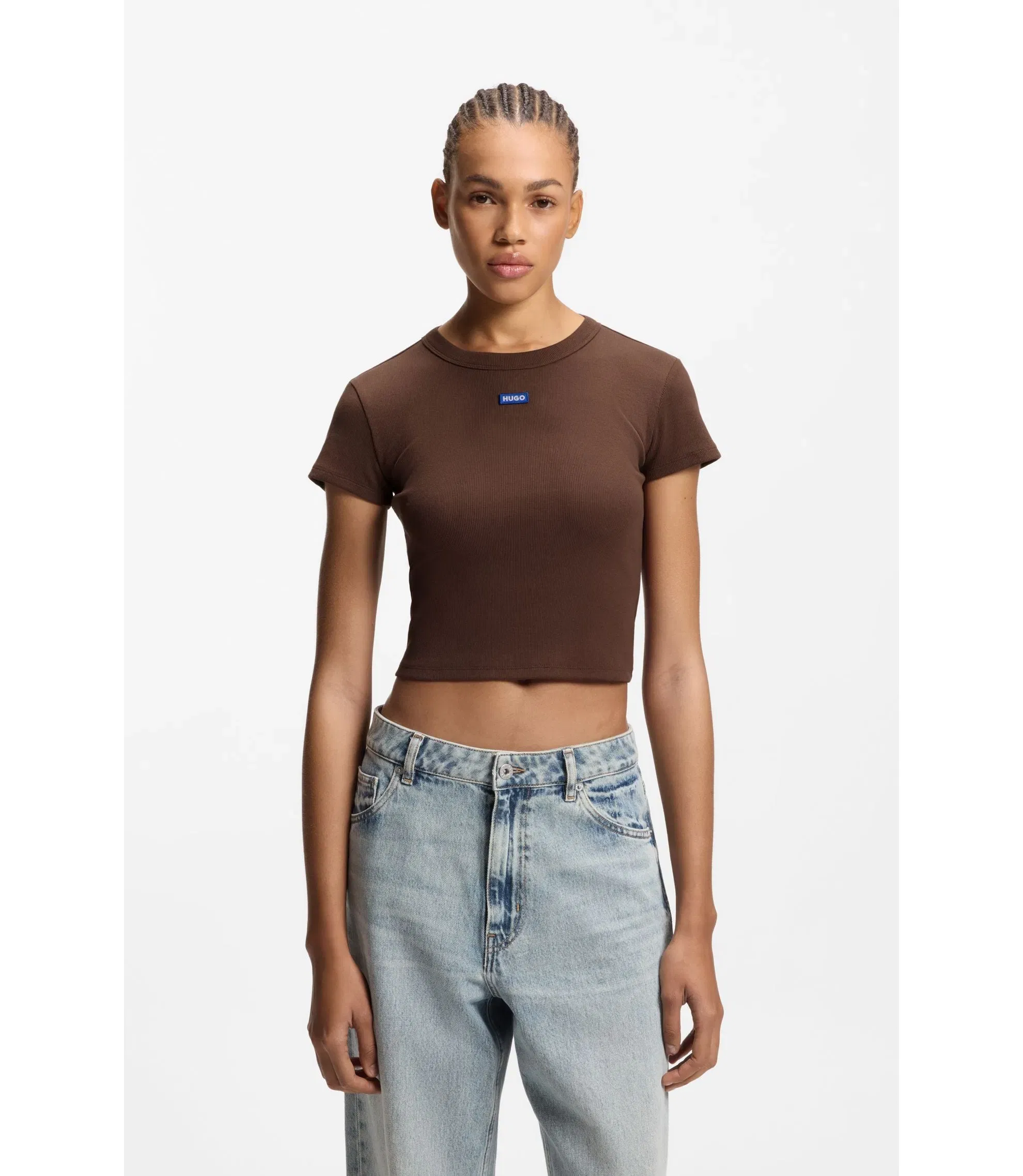 Hugo Logo Badge Slim Fit T-Shirt In Stretch Cotton Brown Women's