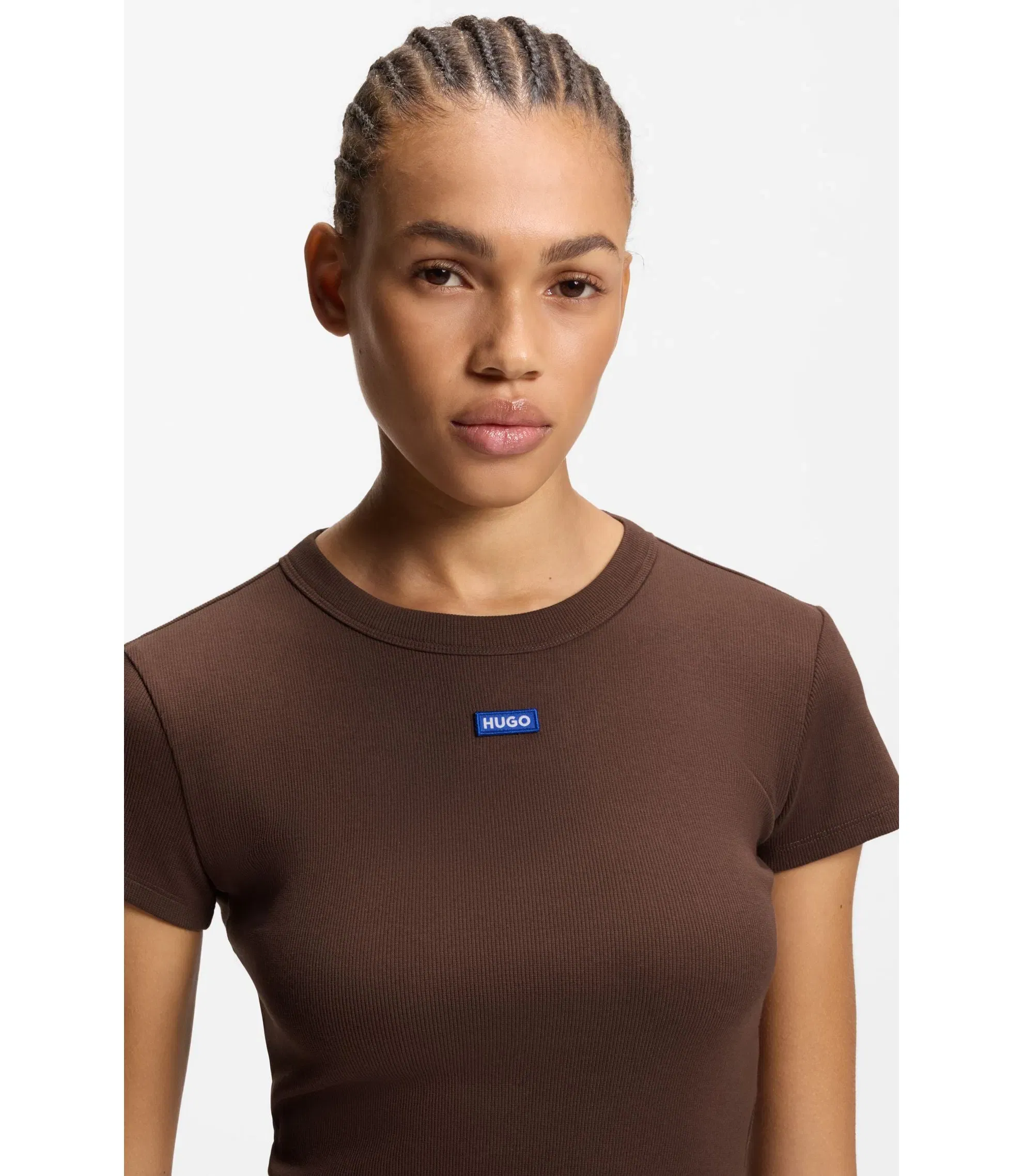 Hugo Logo Badge Slim Fit T-Shirt In Stretch Cotton Brown Women's