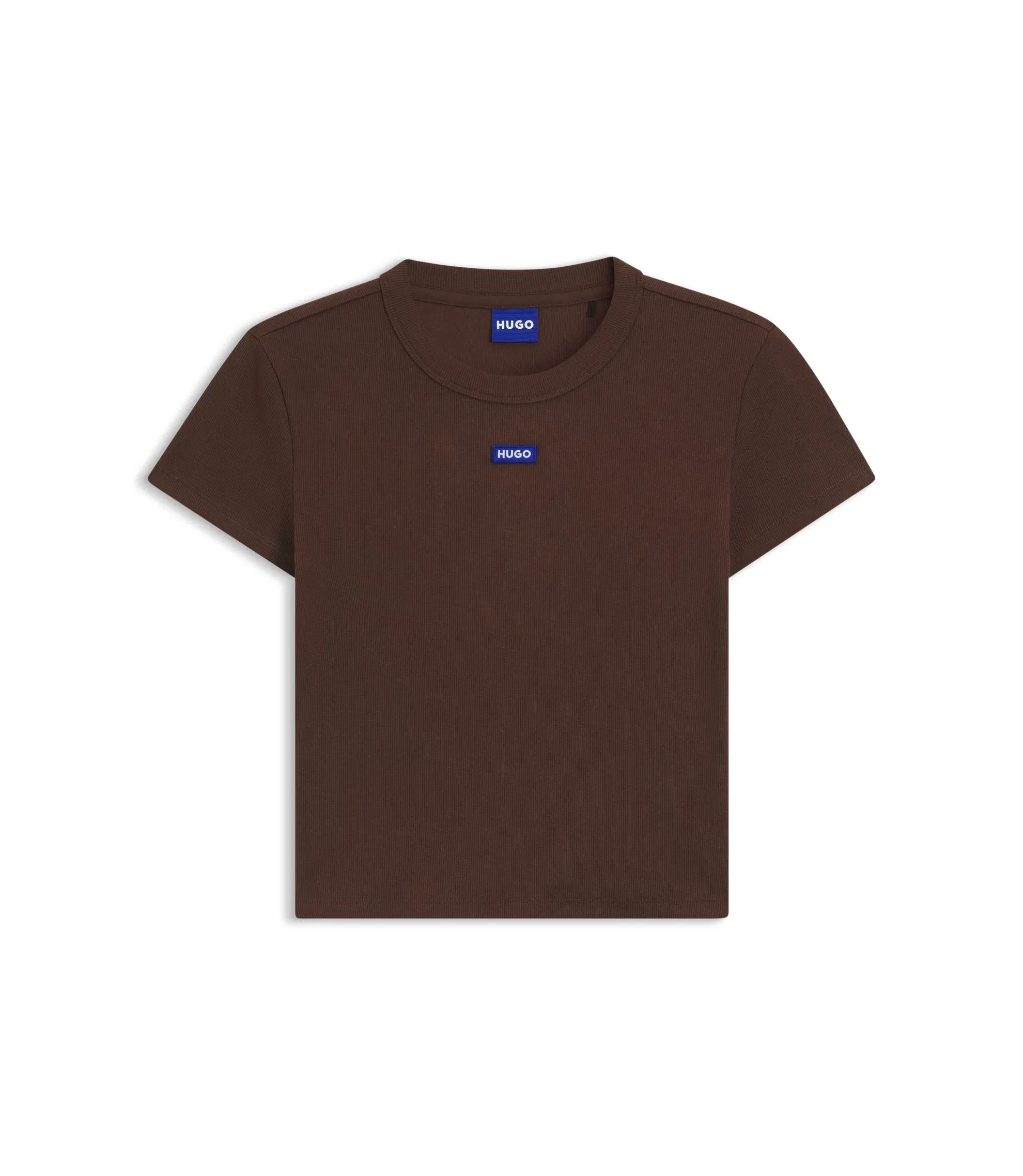 Hugo Logo Badge Slim Fit T-Shirt In Stretch Cotton Brown Women's