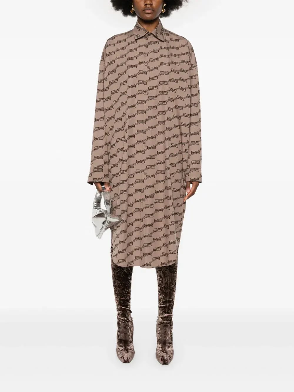 monogram-print long-sleeve shirtdress