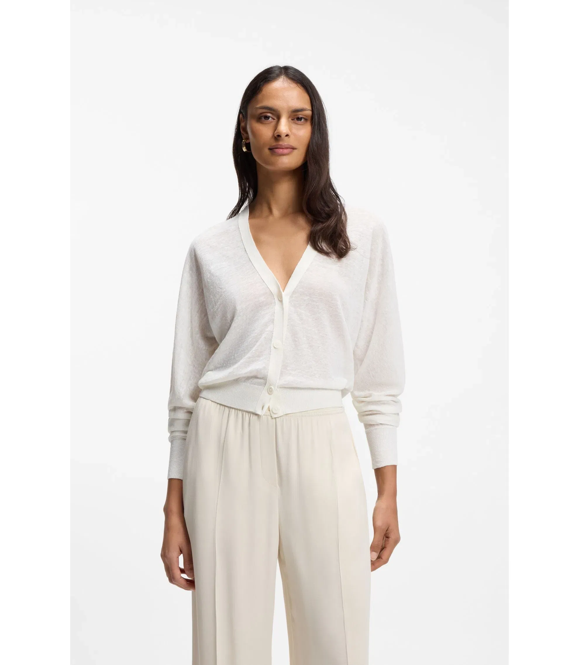Boss Linen Cotton Cardigan With Buttoned Front White Women's