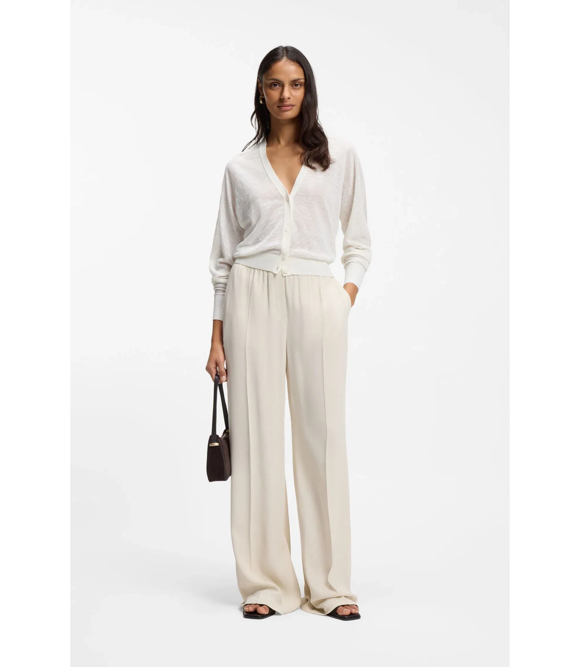 Boss Linen Cotton Cardigan With Buttoned Front White Women's