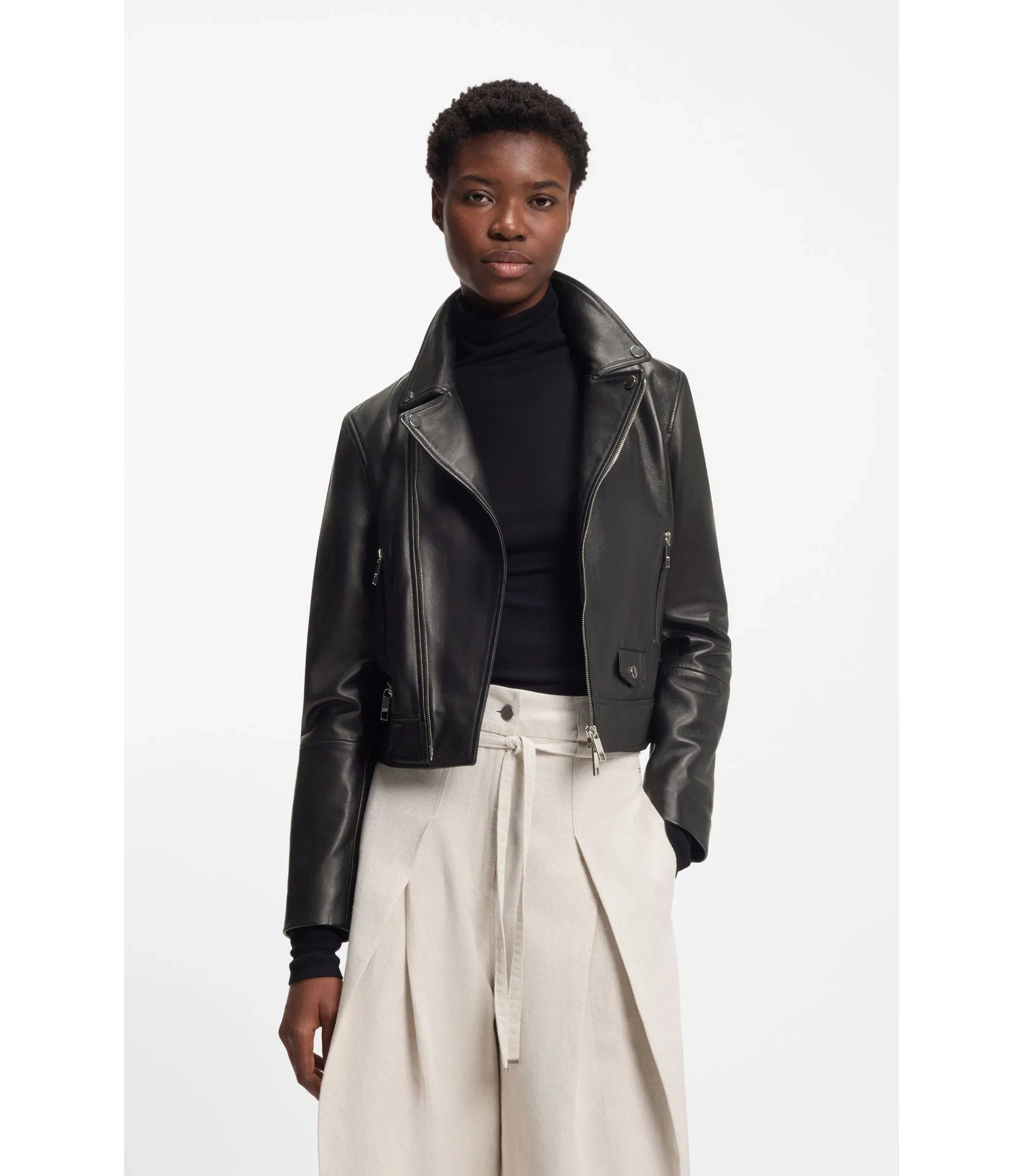 Boss Leather Biker Jacket In A Regular Fit Black Women's