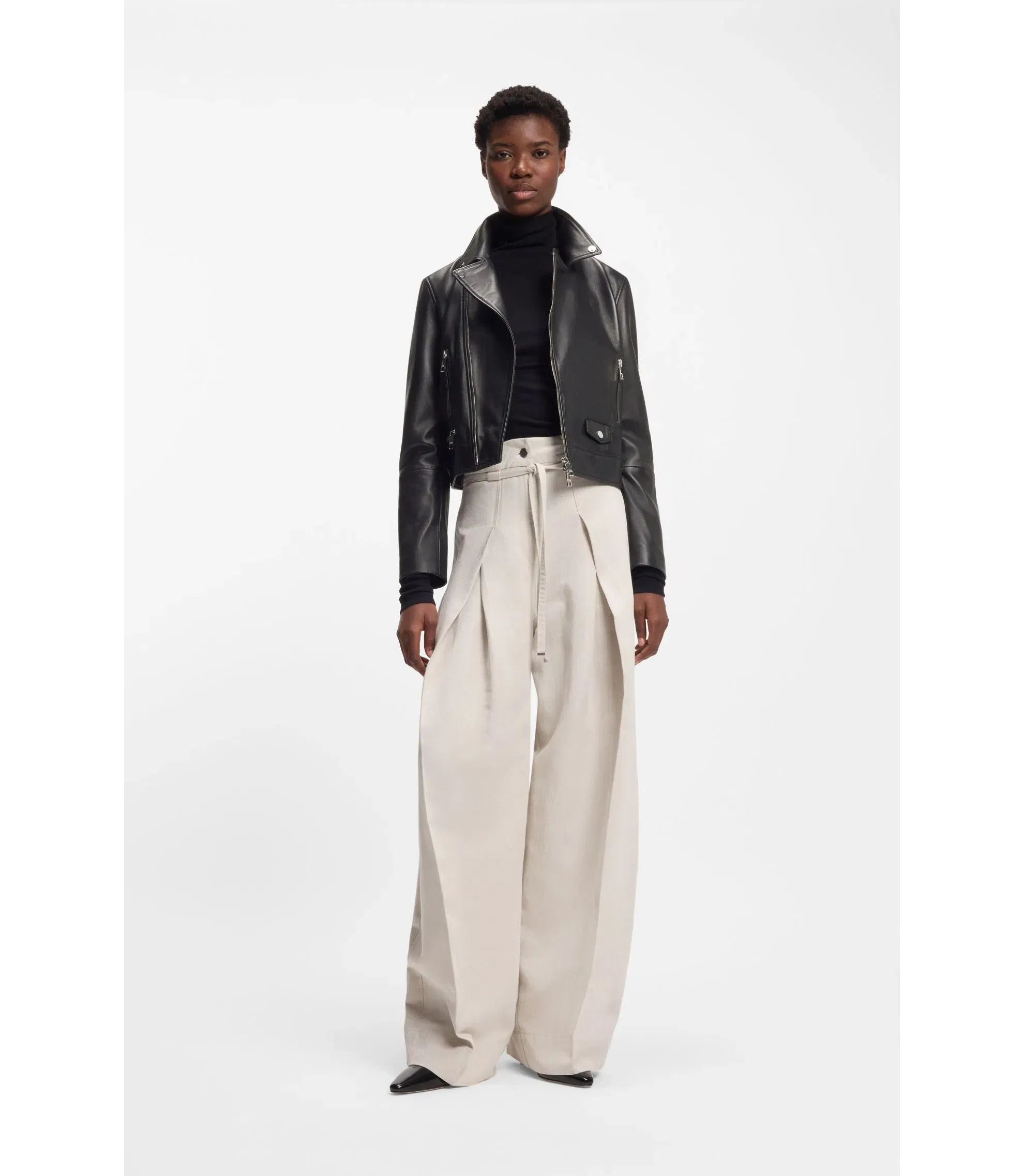Boss Leather Biker Jacket In A Regular Fit Black Women's