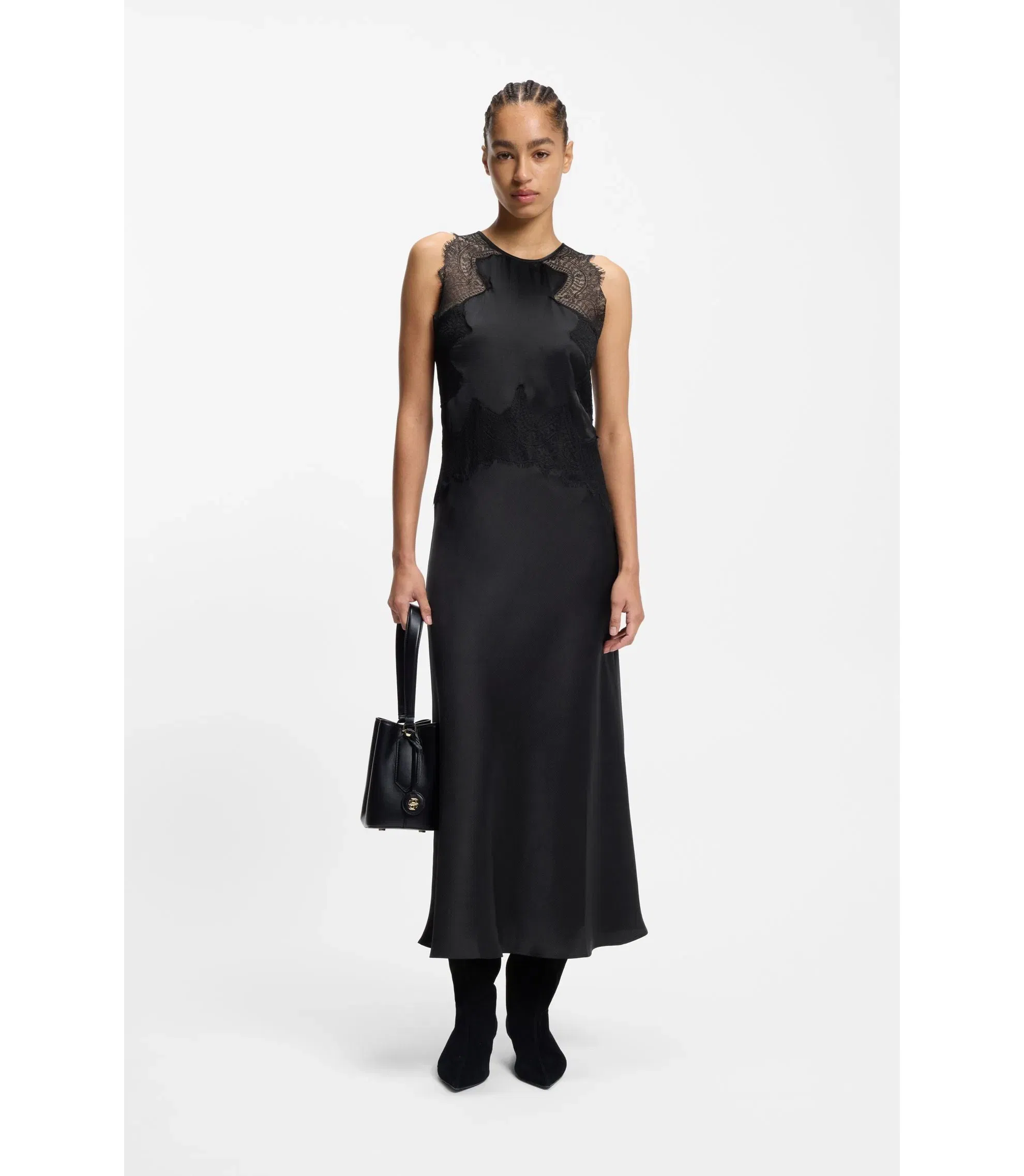 Boss Lace Trim Dress In Seersucker Satin Black Women's