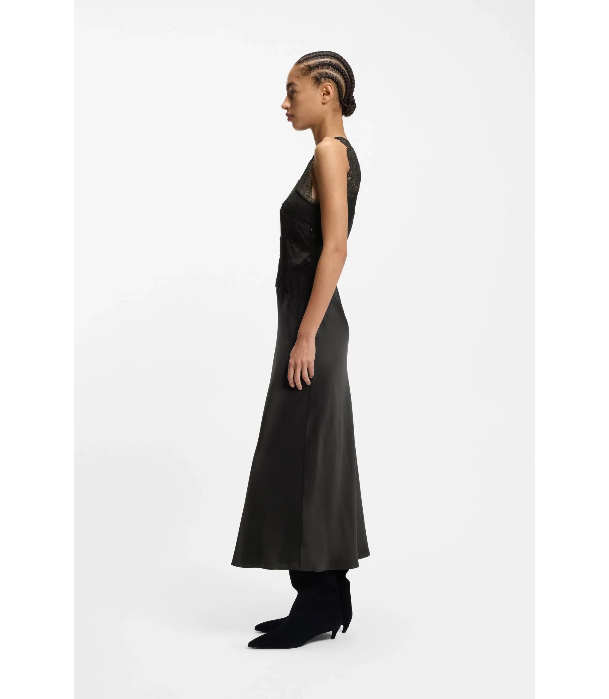 Boss Lace Trim Dress In Seersucker Satin Black Women's