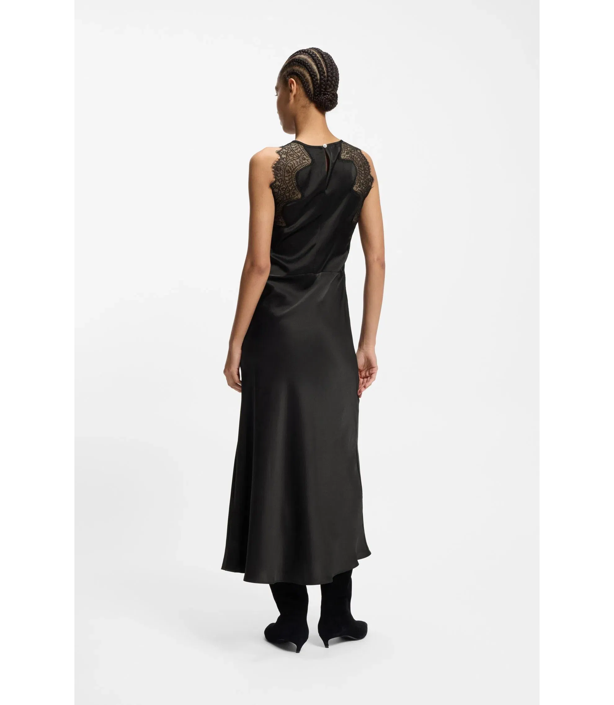 Boss Lace Trim Dress In Seersucker Satin Black Women's