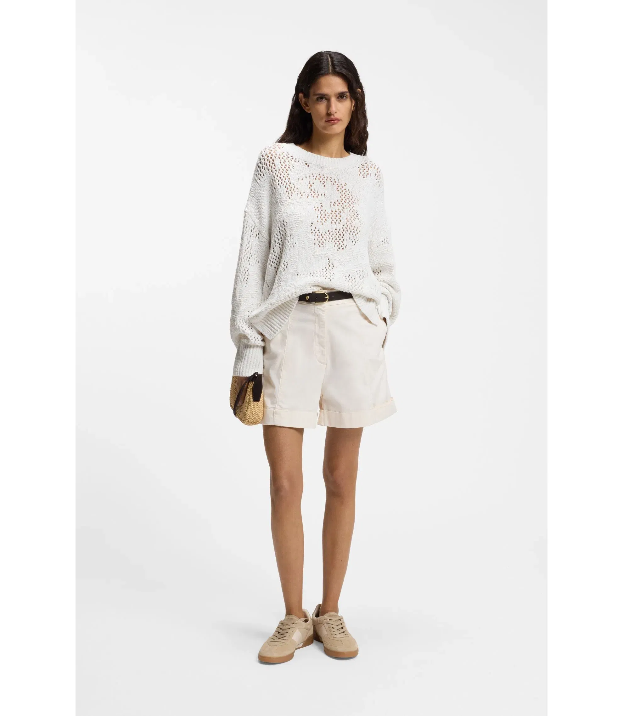 Boss Knitted Pattern Sweater In A Cotton Blend White Women's