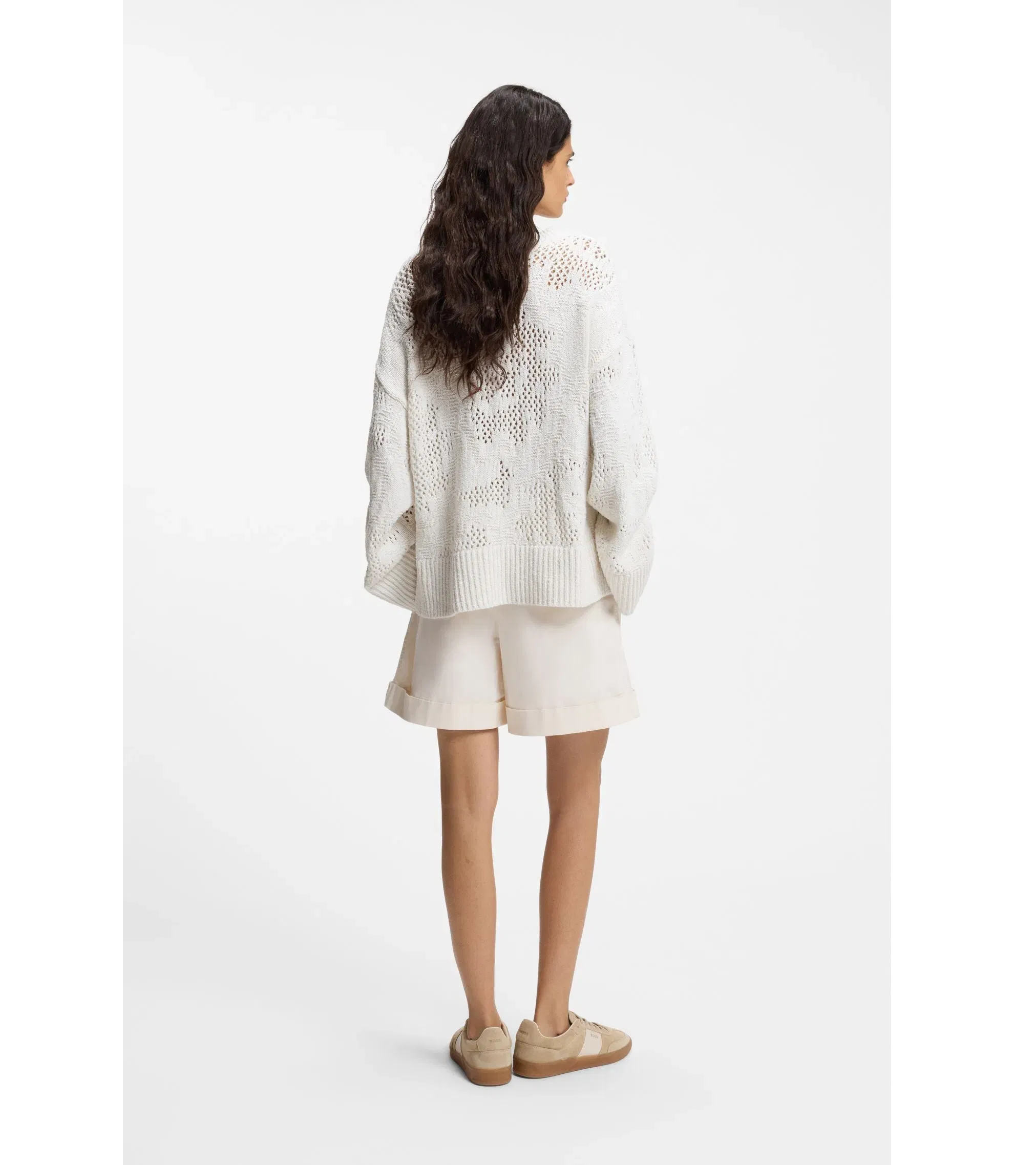 Boss Knitted Pattern Sweater In A Cotton Blend White Women's