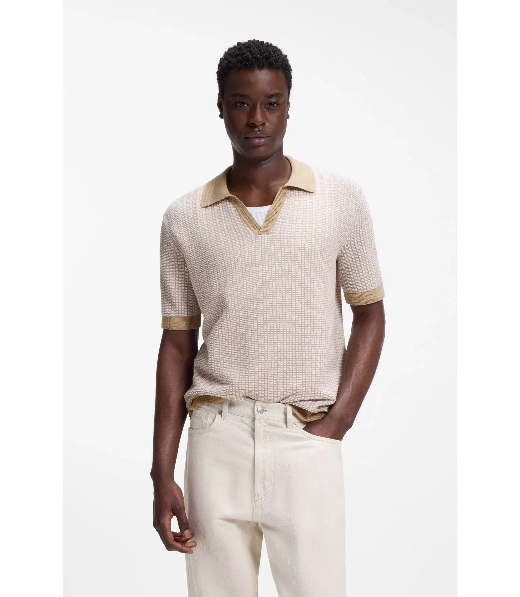 Hugo Johhny Collar Sweater In Cotton And Linen Beige