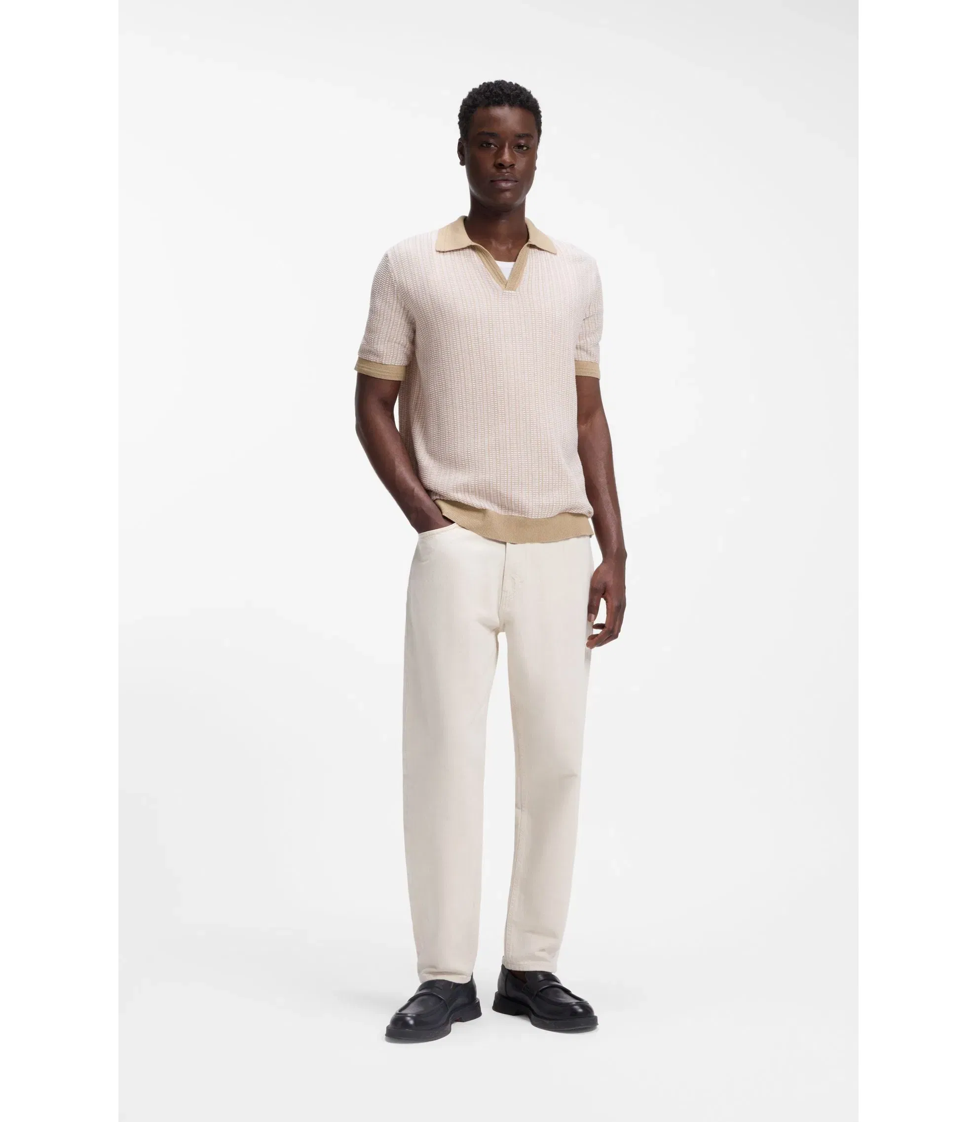 Hugo Johhny Collar Sweater In Cotton And Linen Beige