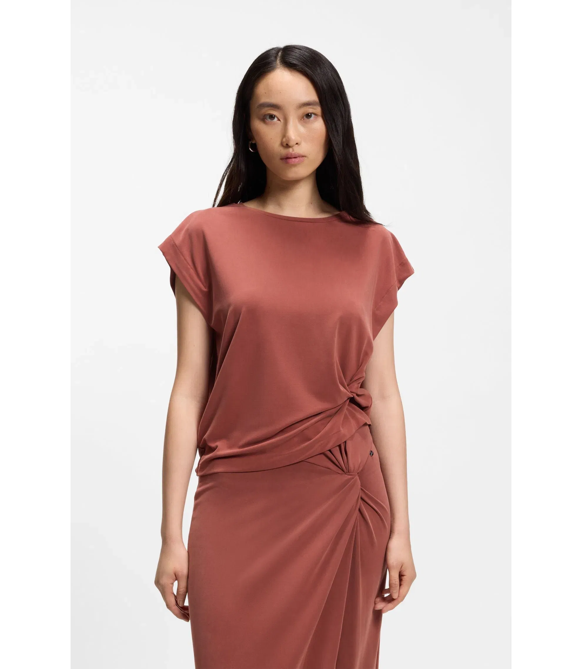 Boss Jersey T-Shirt With Side Twist Detail Dark Red Women's