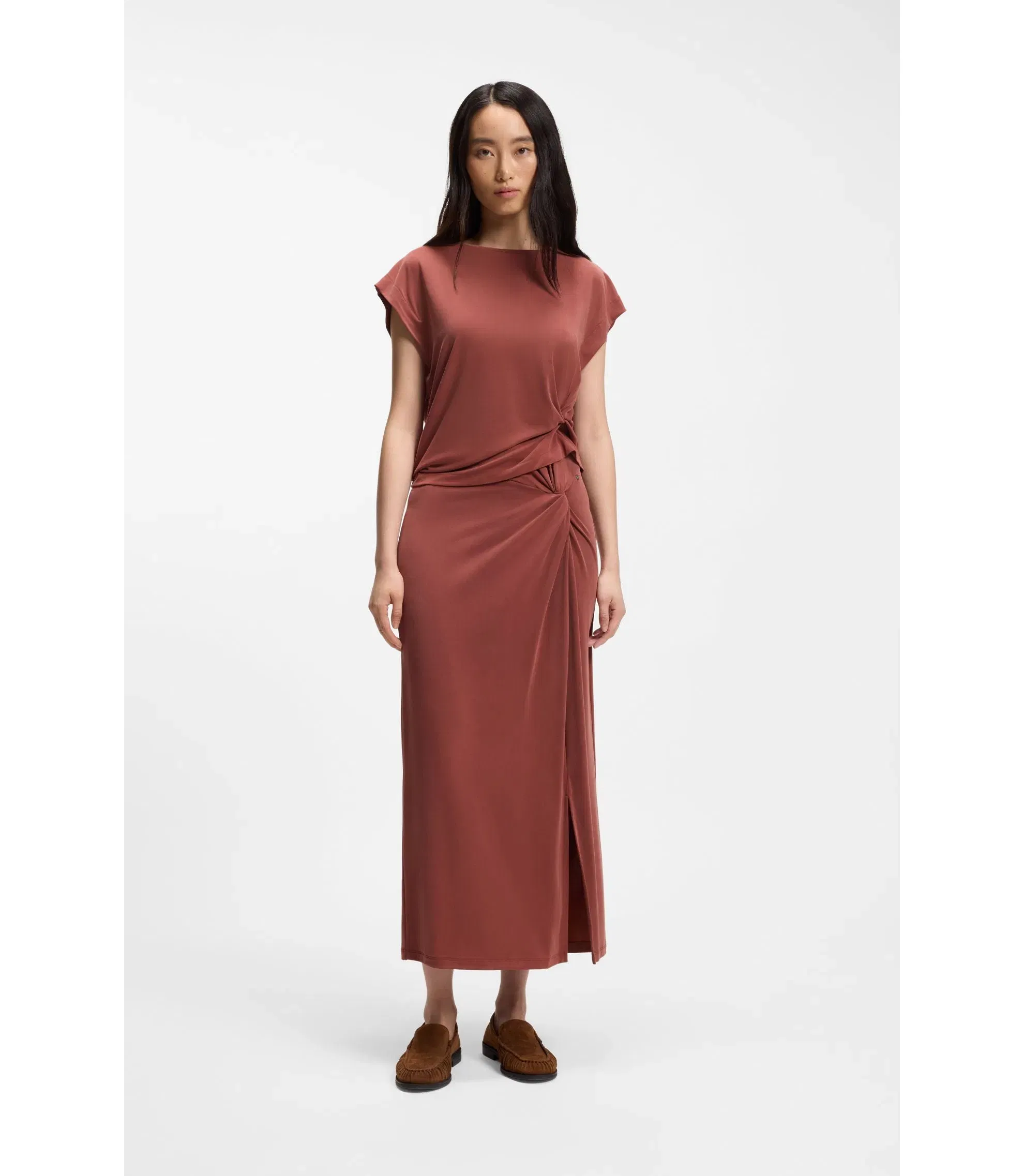 Boss Jersey T-Shirt With Side Twist Detail Dark Red Women's