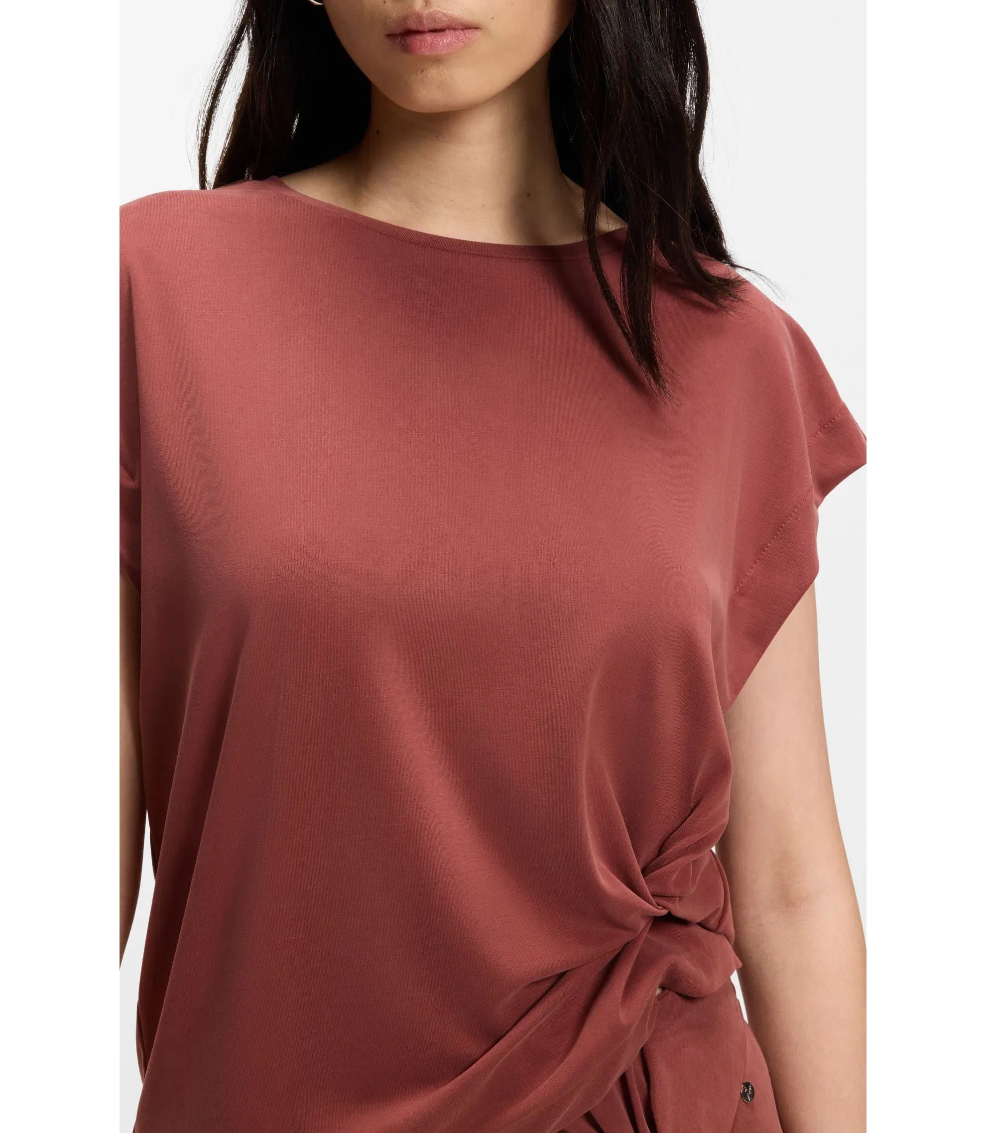 Boss Jersey T-Shirt With Side Twist Detail Dark Red Women's