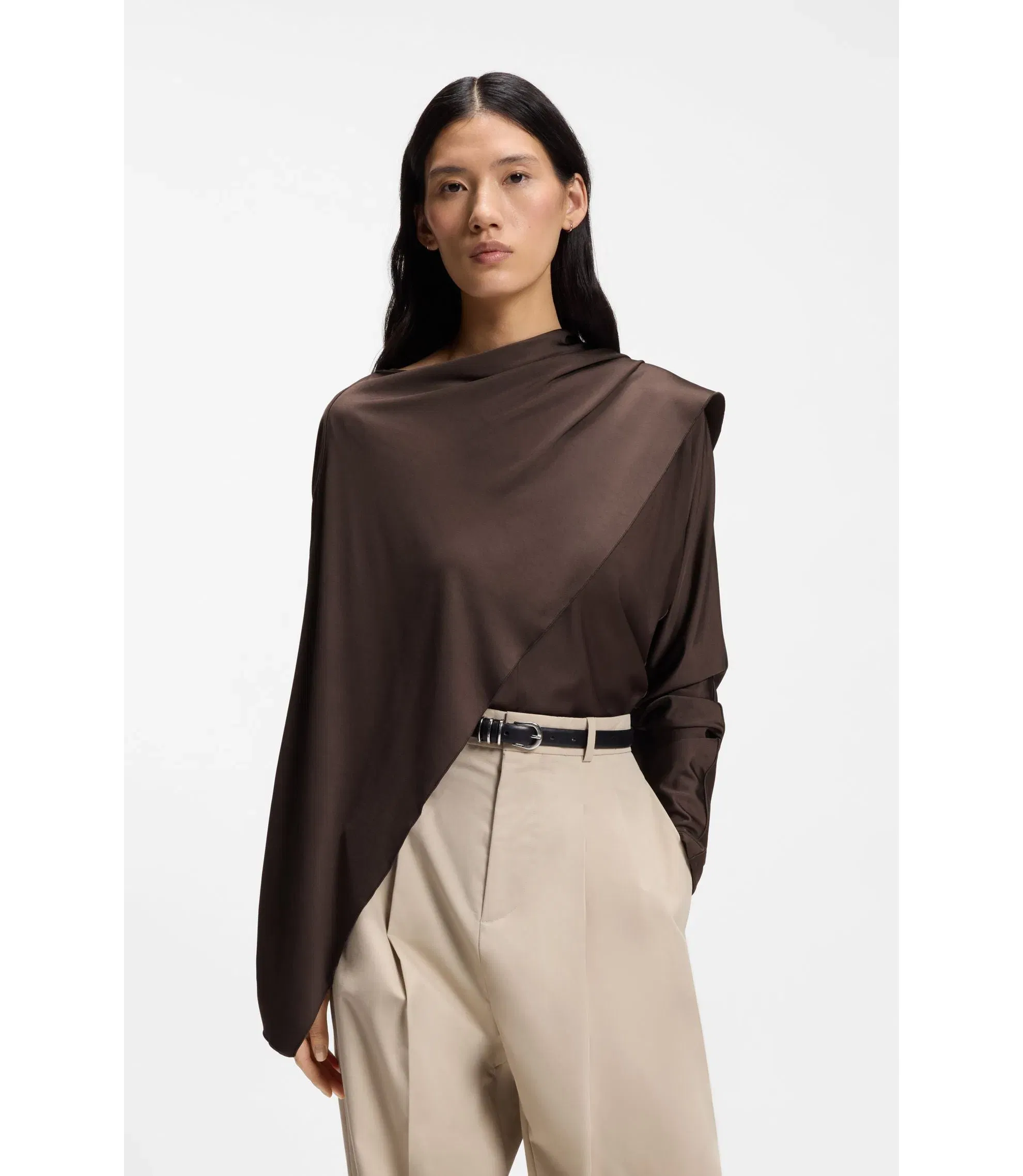 Boss Jersey Top With A Draped Scarf Detail Dark Brown Women's