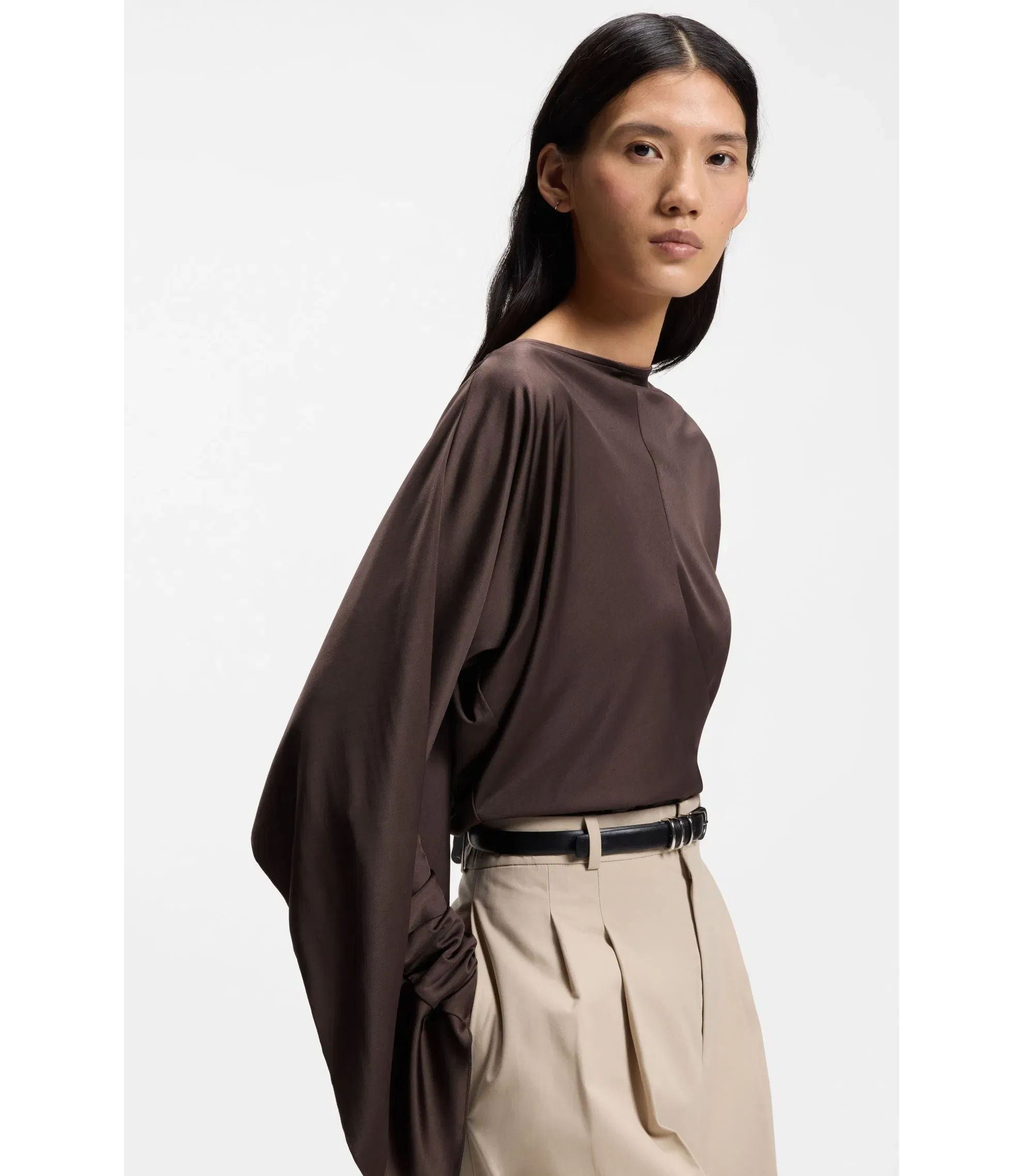 Boss Jersey Top With A Draped Scarf Detail Dark Brown Women's
