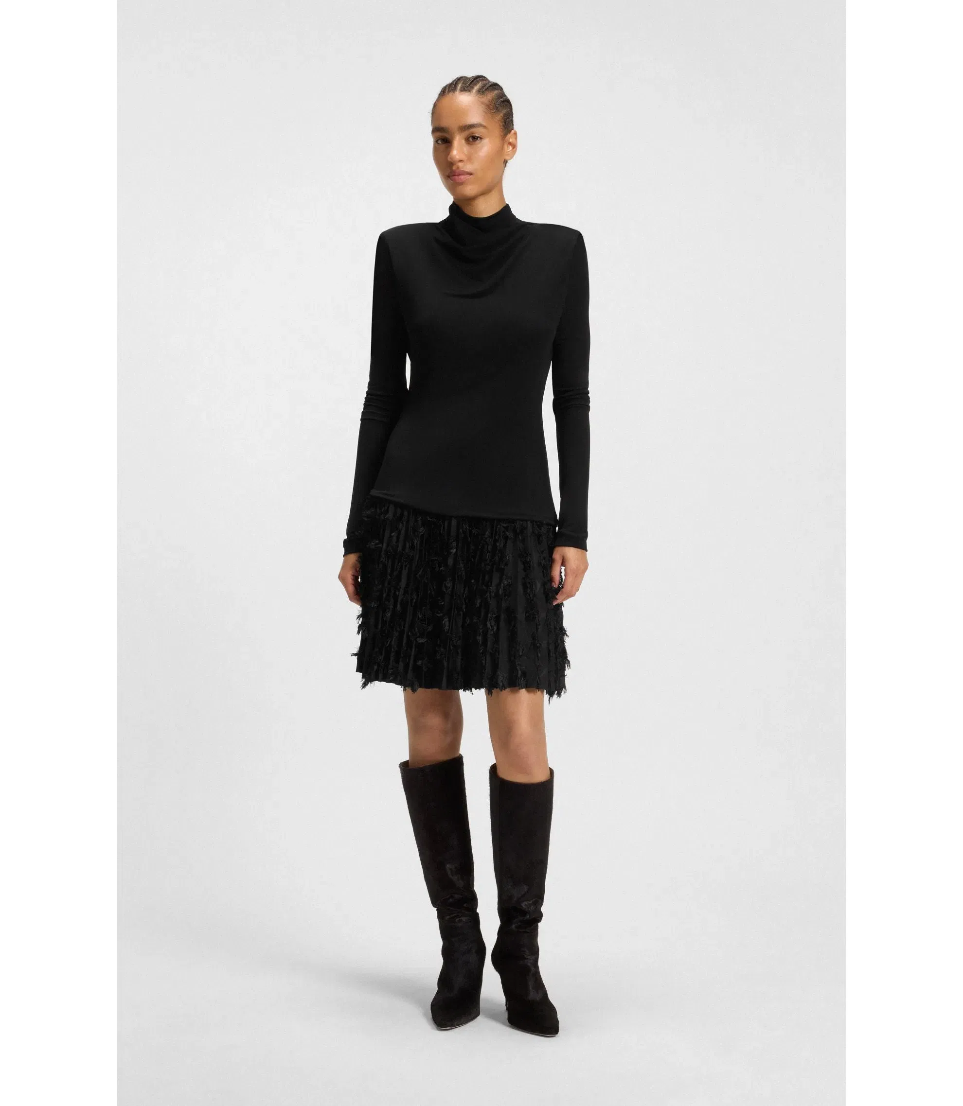 Boss Jersey Dress With Feathered Pliss Pleats Black Women's