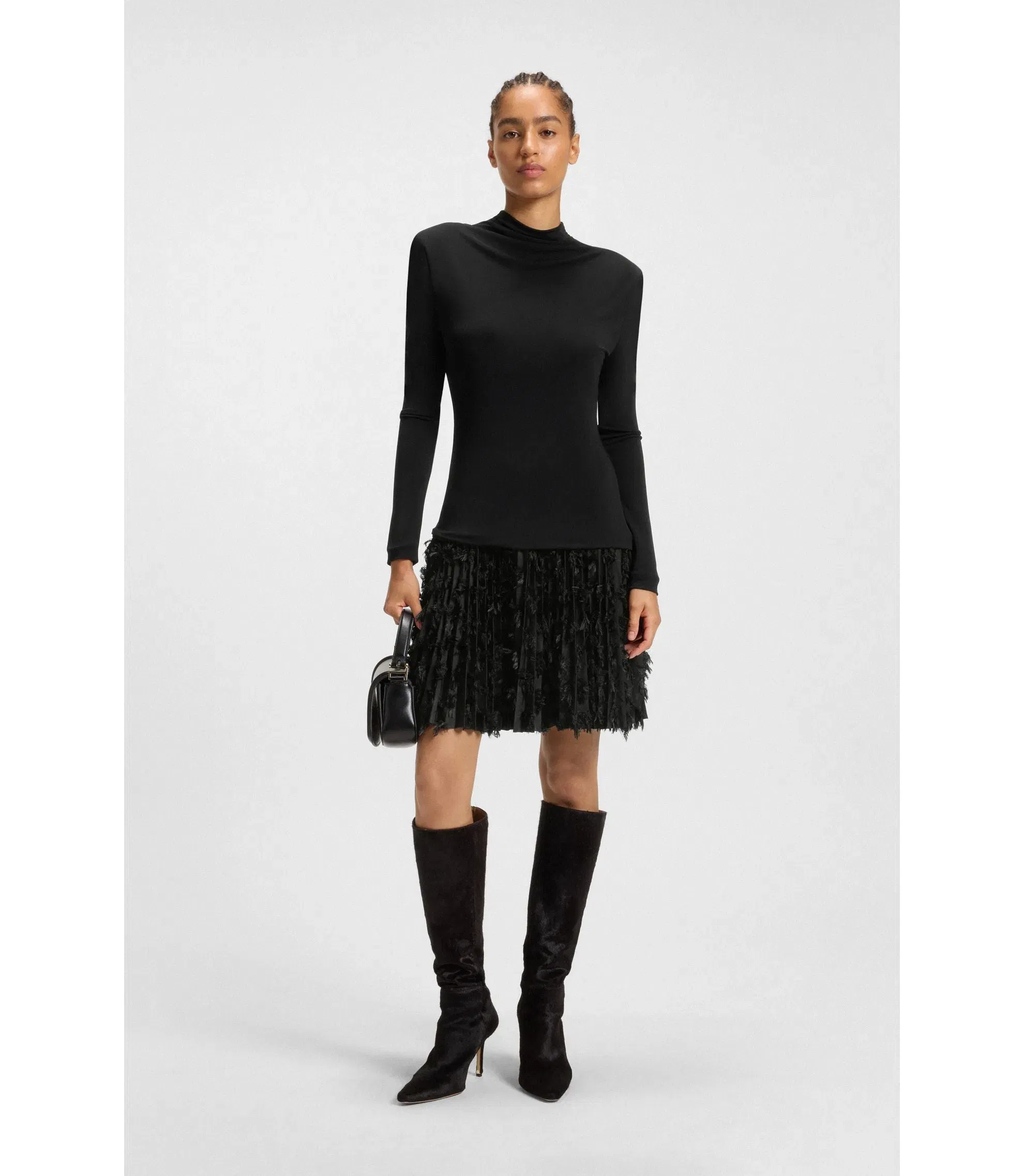 Boss Jersey Dress With Feathered Pliss Pleats Black Women's