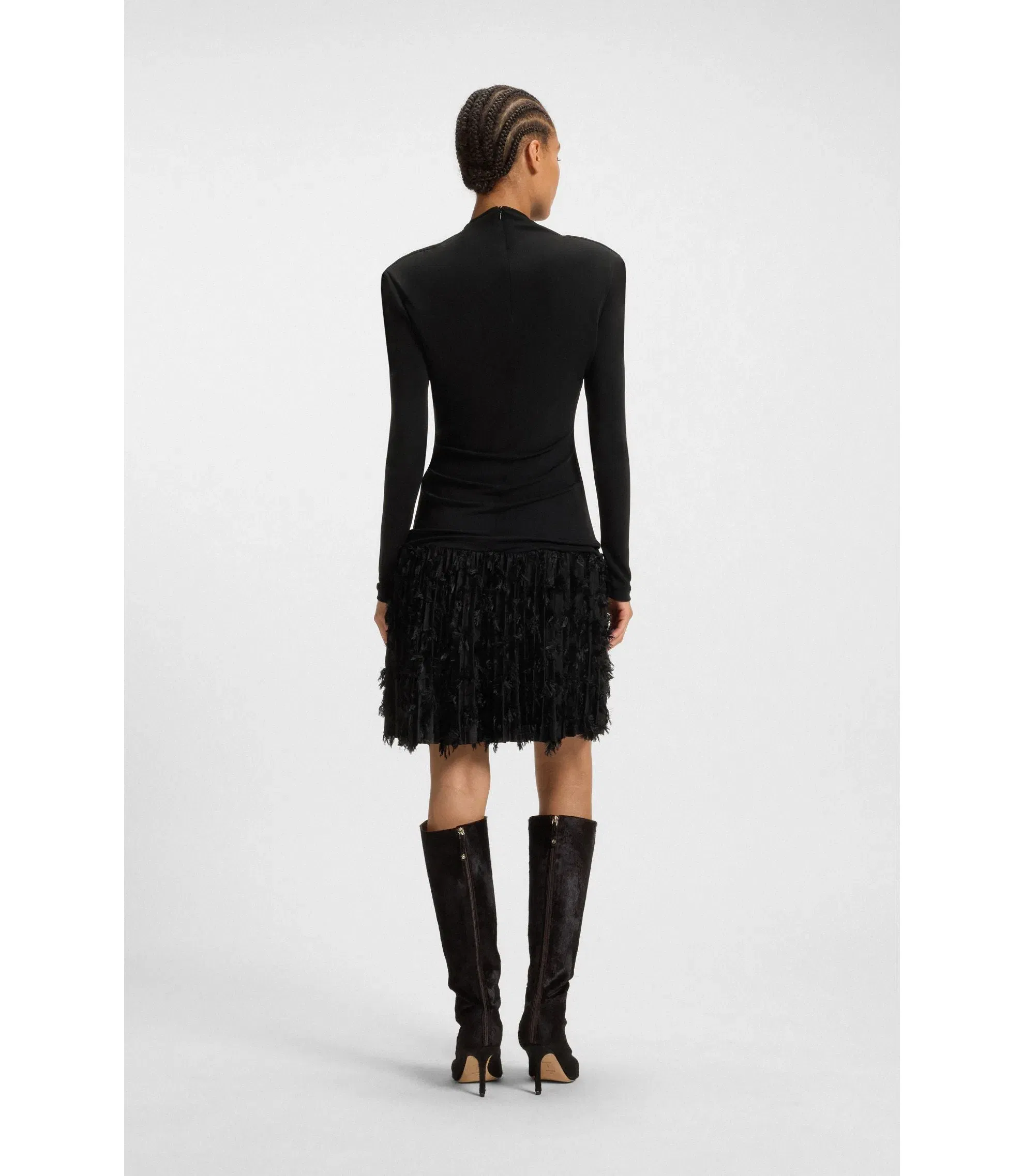 Boss Jersey Dress With Feathered Pliss Pleats Black Women's