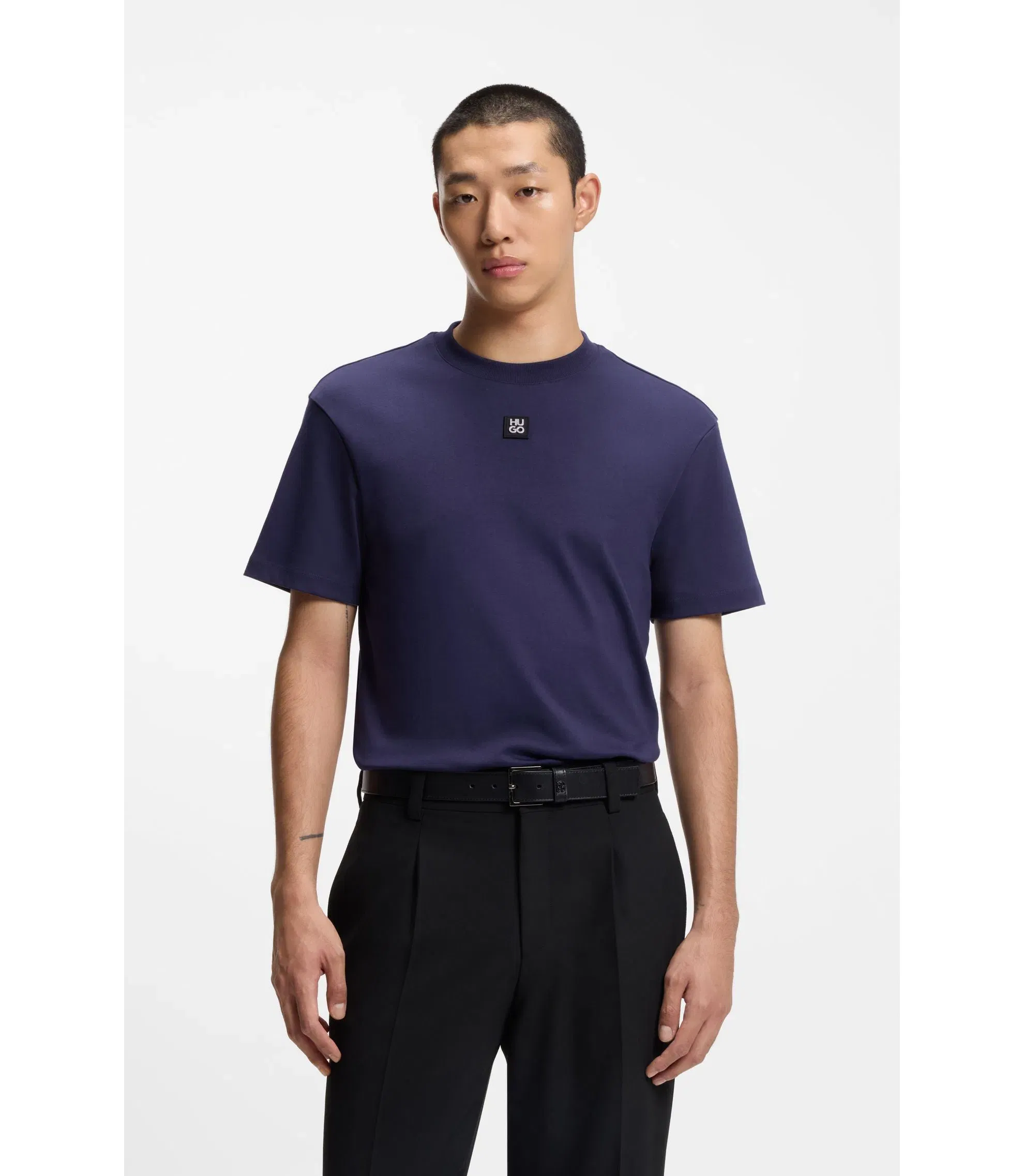 Hugo Interlock Cotton T-Shirt With Metallic Stacked Logo Badge Dark Blue