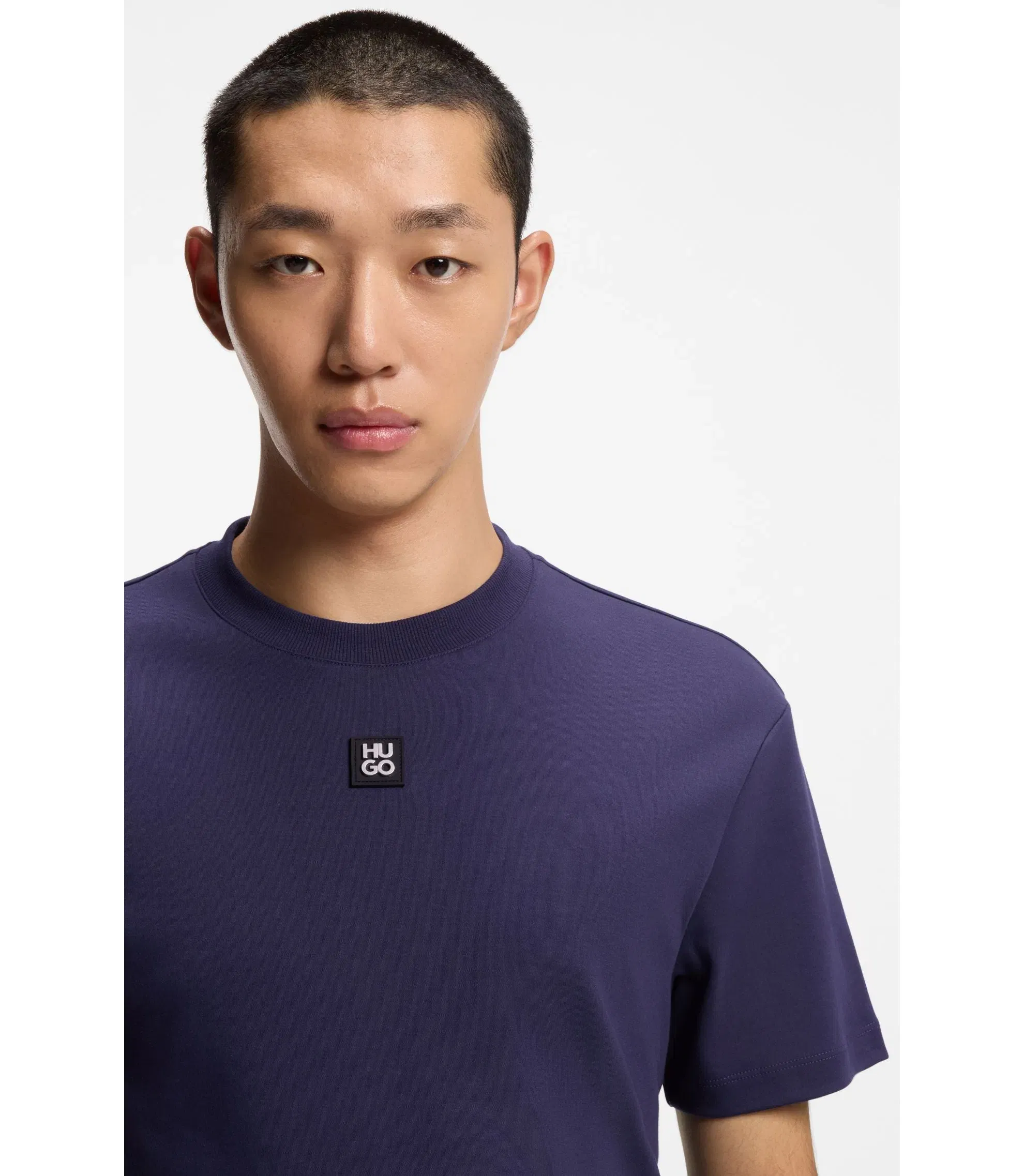 Hugo Interlock Cotton T-Shirt With Metallic Stacked Logo Badge Dark Blue