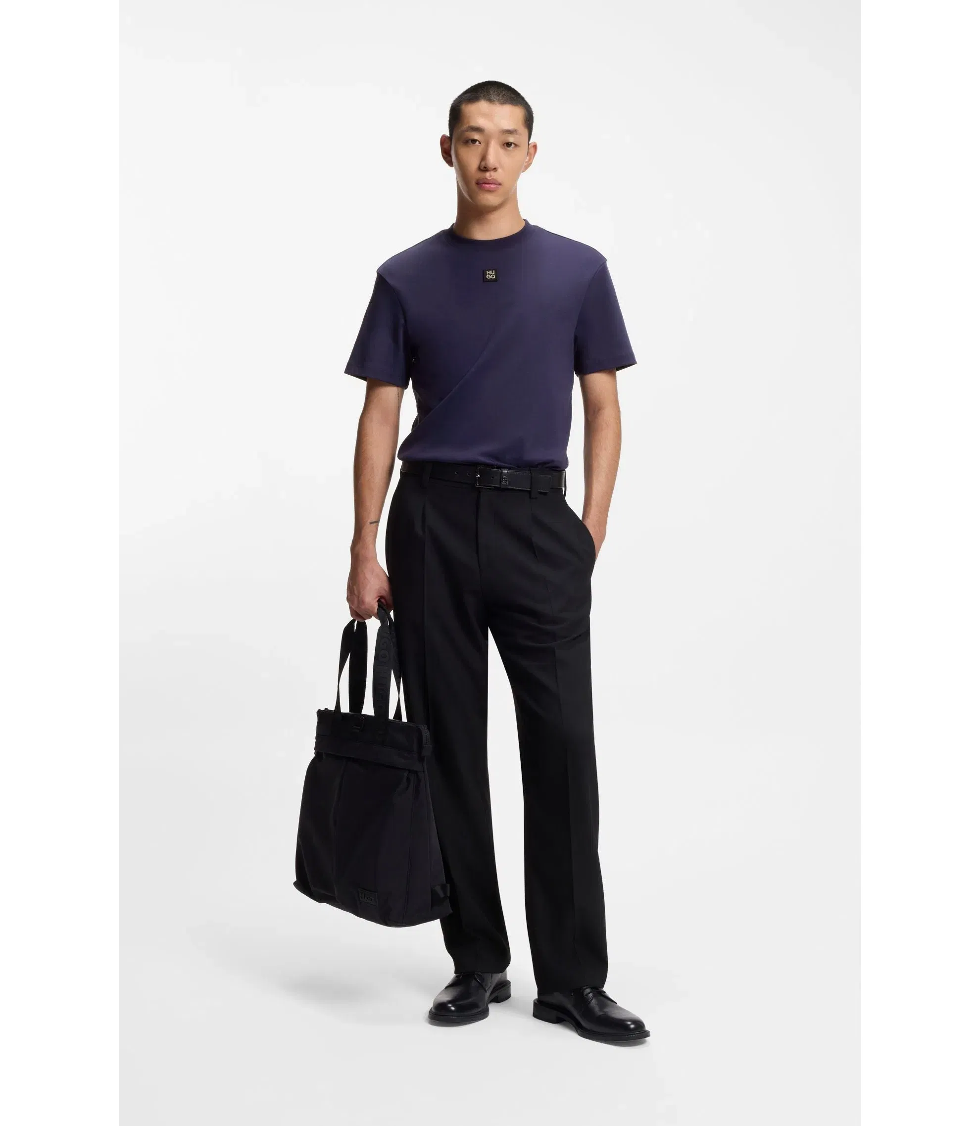 Hugo Interlock Cotton T-Shirt With Metallic Stacked Logo Badge Dark Blue