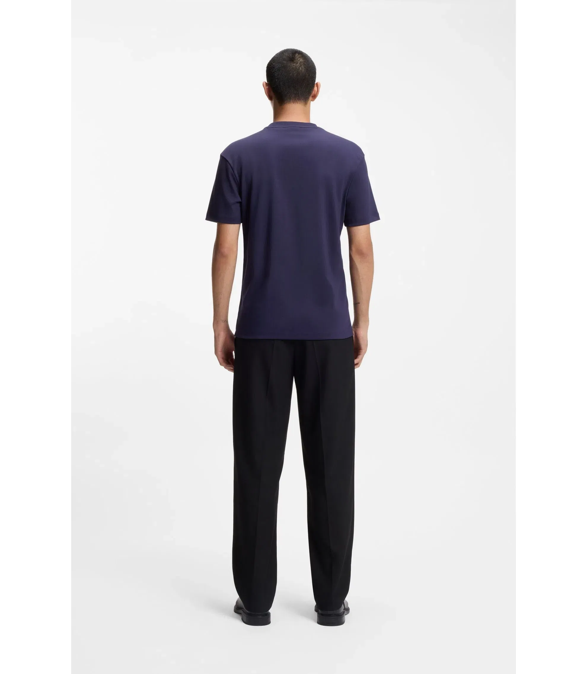Hugo Interlock Cotton T-Shirt With Metallic Stacked Logo Badge Dark Blue