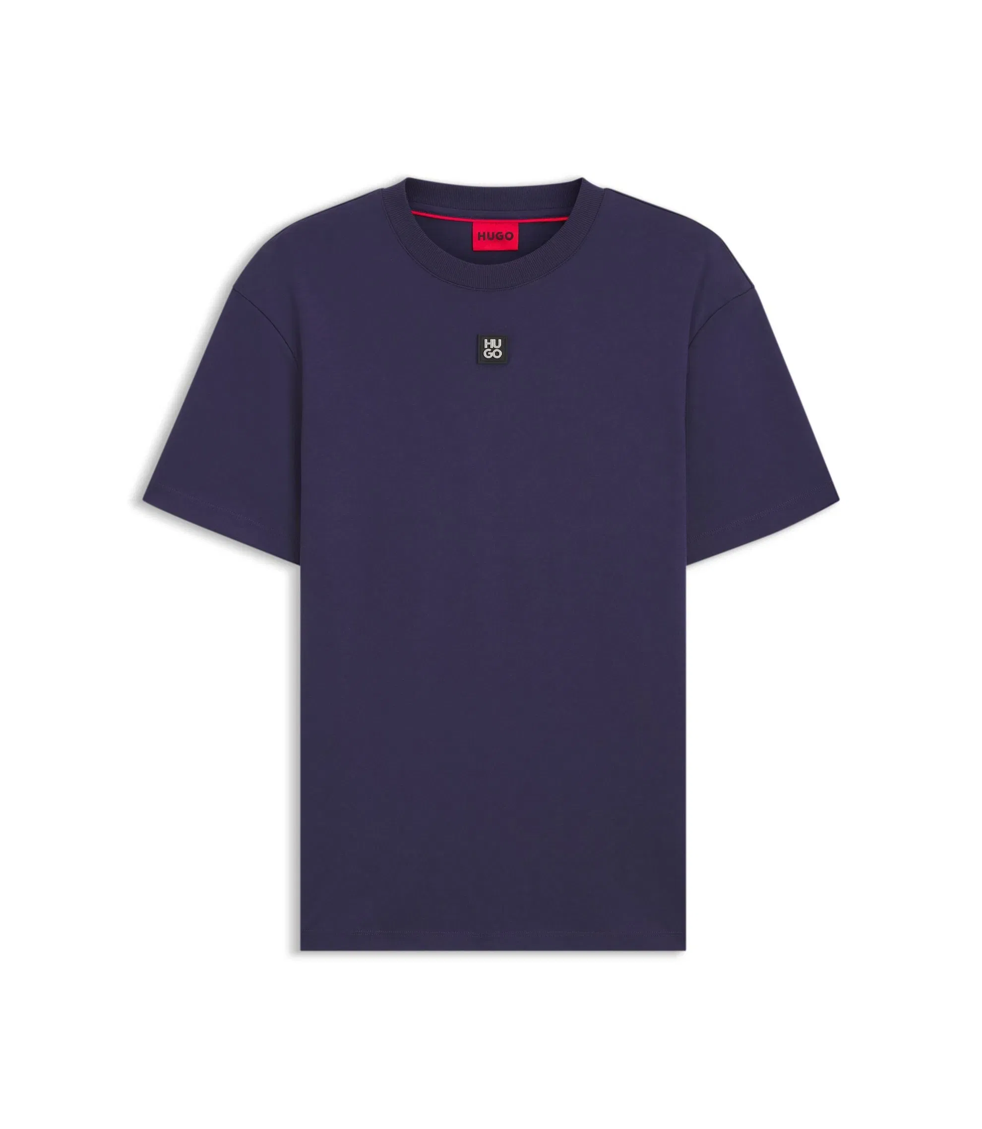 Hugo Interlock Cotton T-Shirt With Metallic Stacked Logo Badge Dark Blue