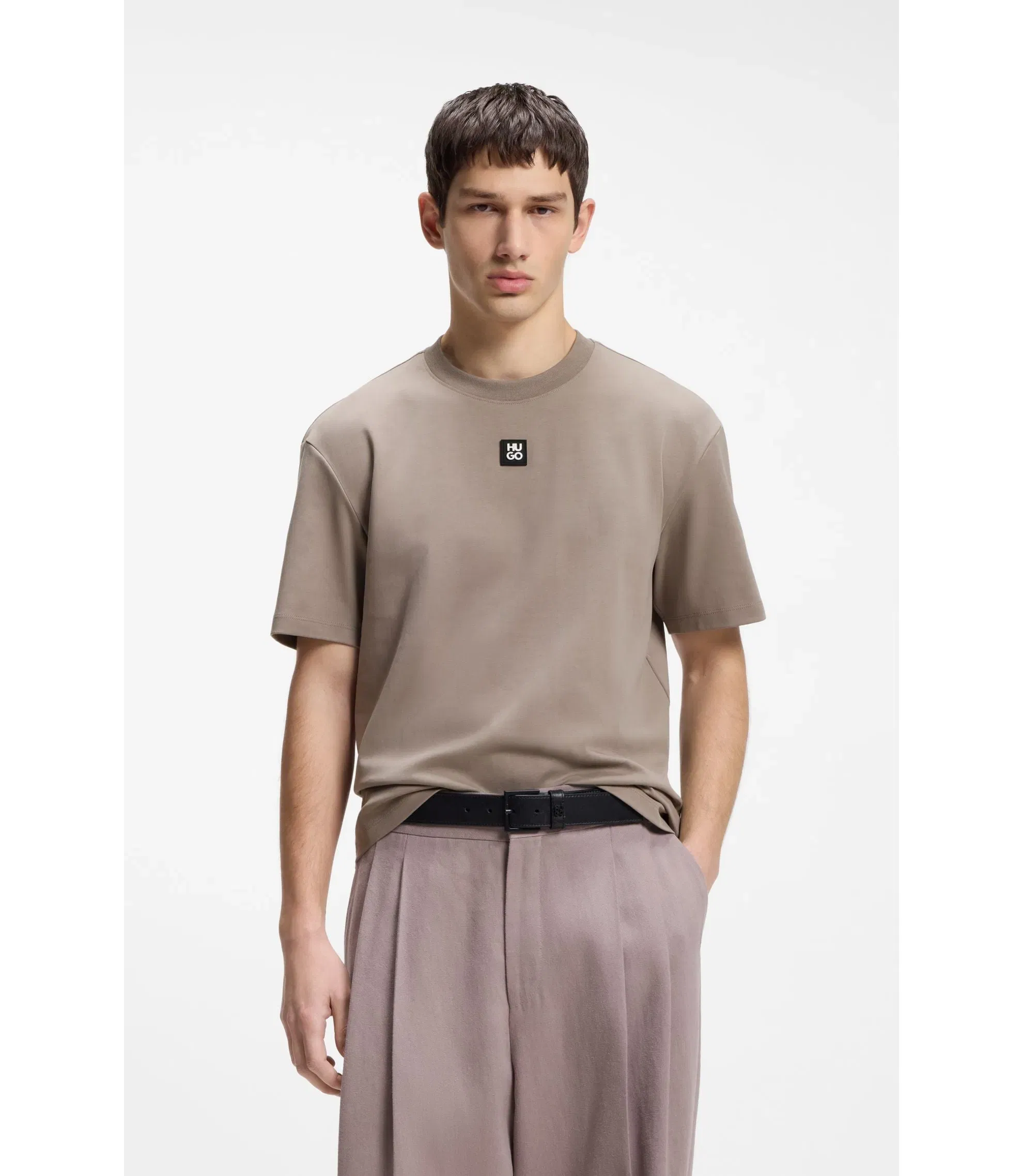 Hugo Interlock Cotton T-Shirt With Metallic Stacked Logo Badge Light Brown