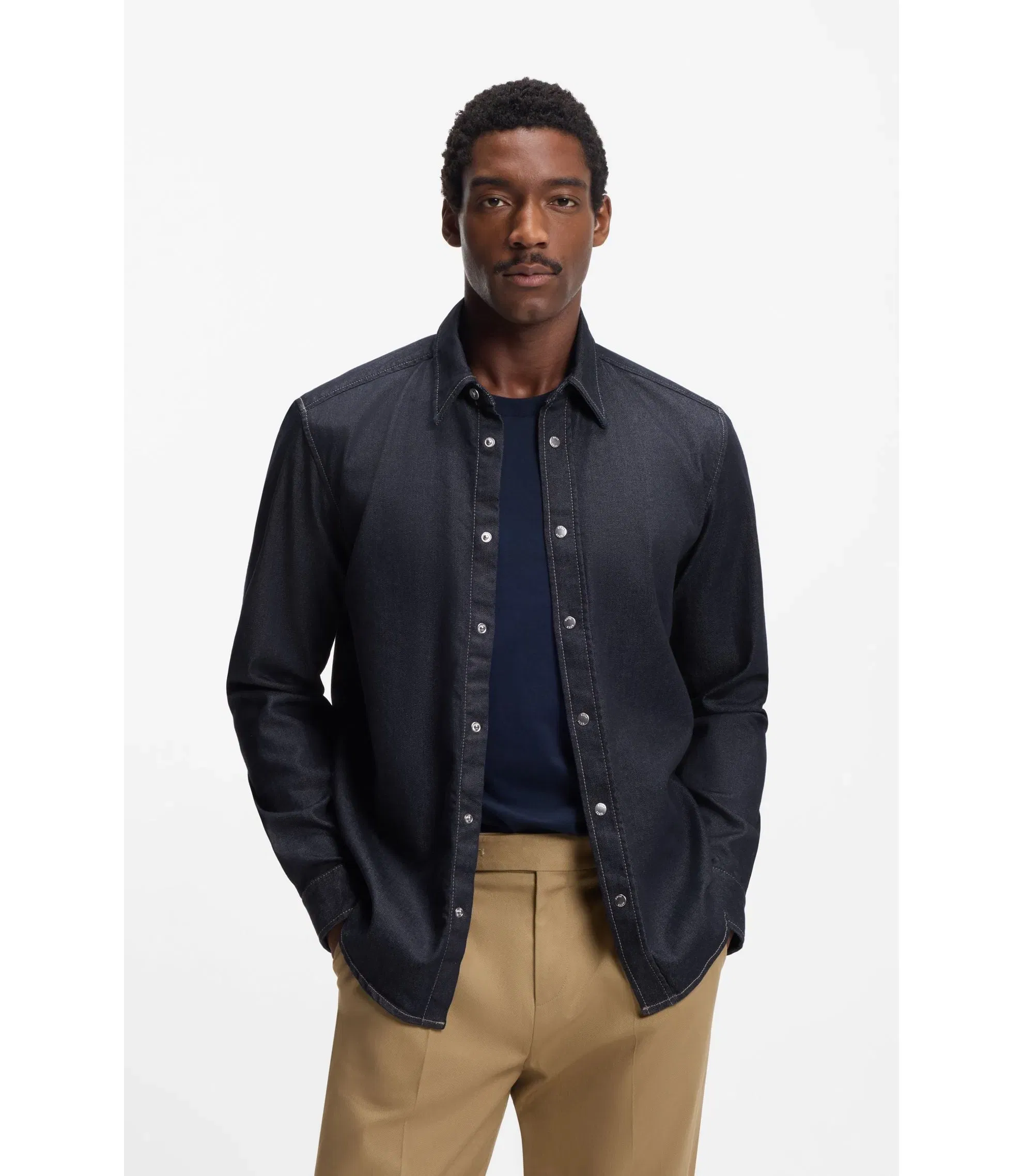 Boss Indigo Regular Fit Shirt In Stretch Denim Dark Blue