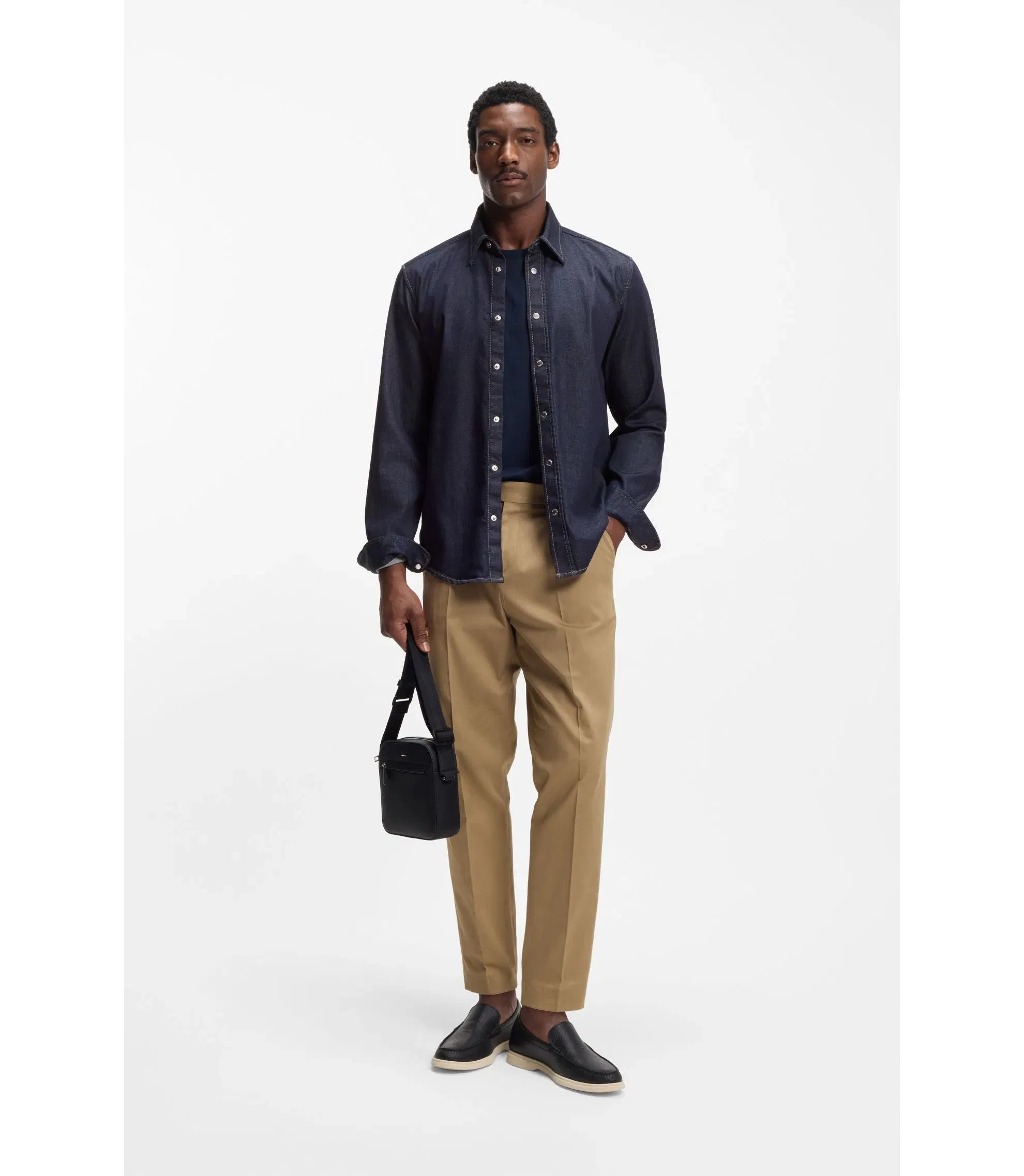Boss Indigo Regular Fit Shirt In Stretch Denim Dark Blue
