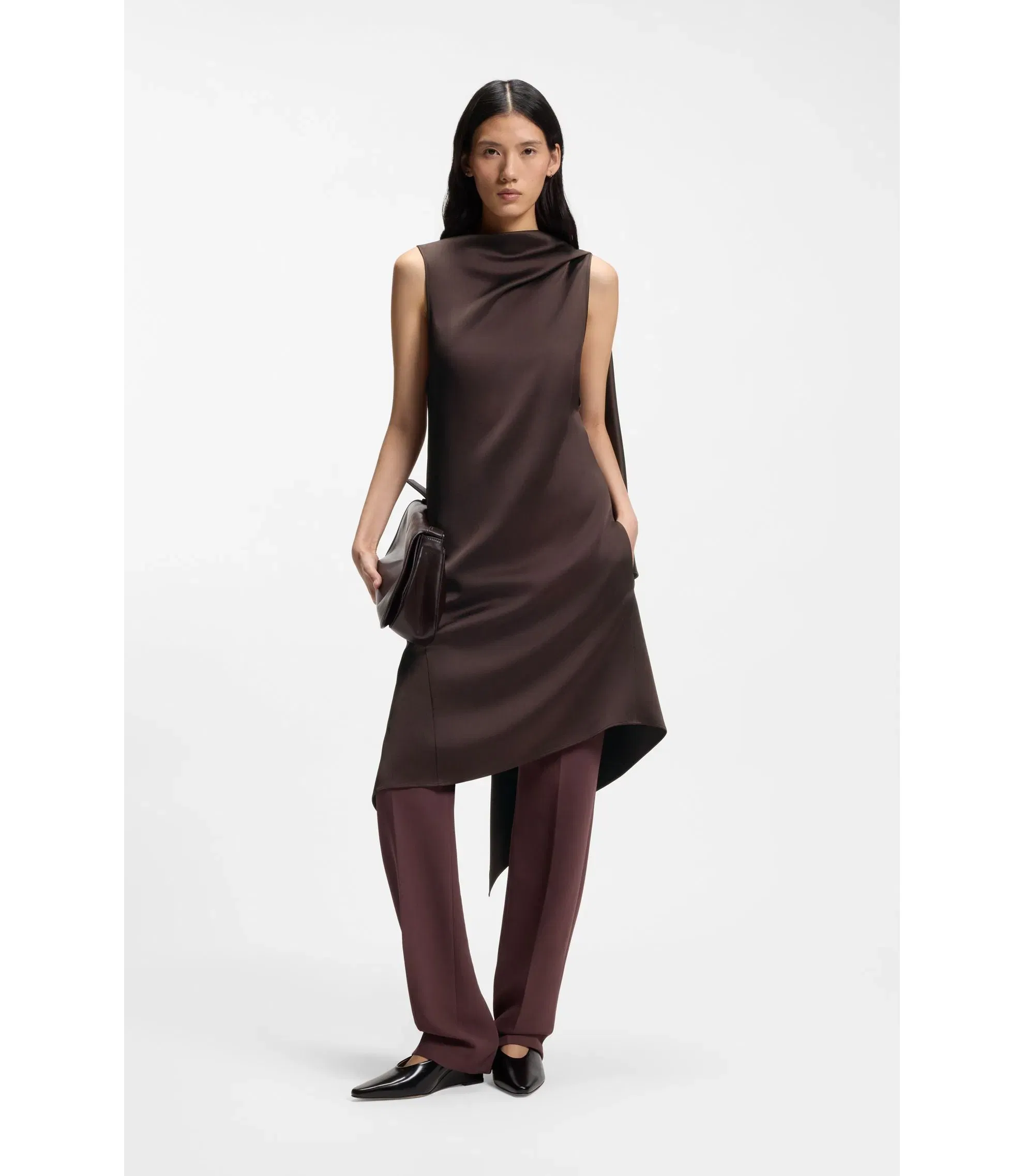 Boss High Shine Asymmetric Dress With Drape Neck Dark Brown Women's