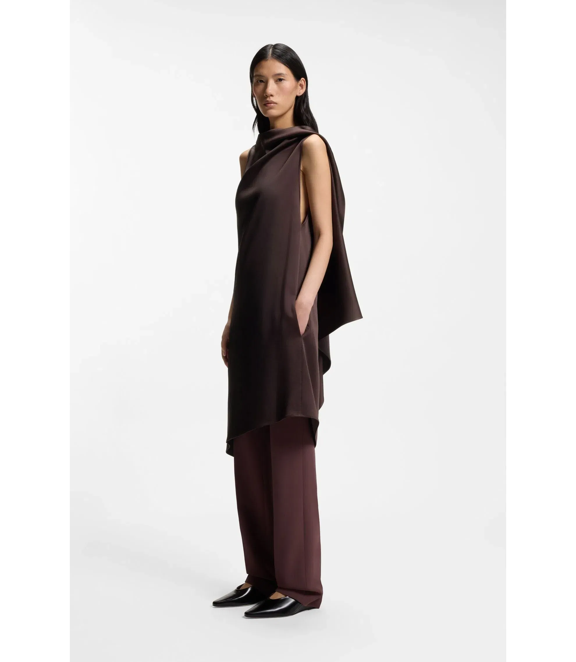 Boss High Shine Asymmetric Dress With Drape Neck Dark Brown Women's