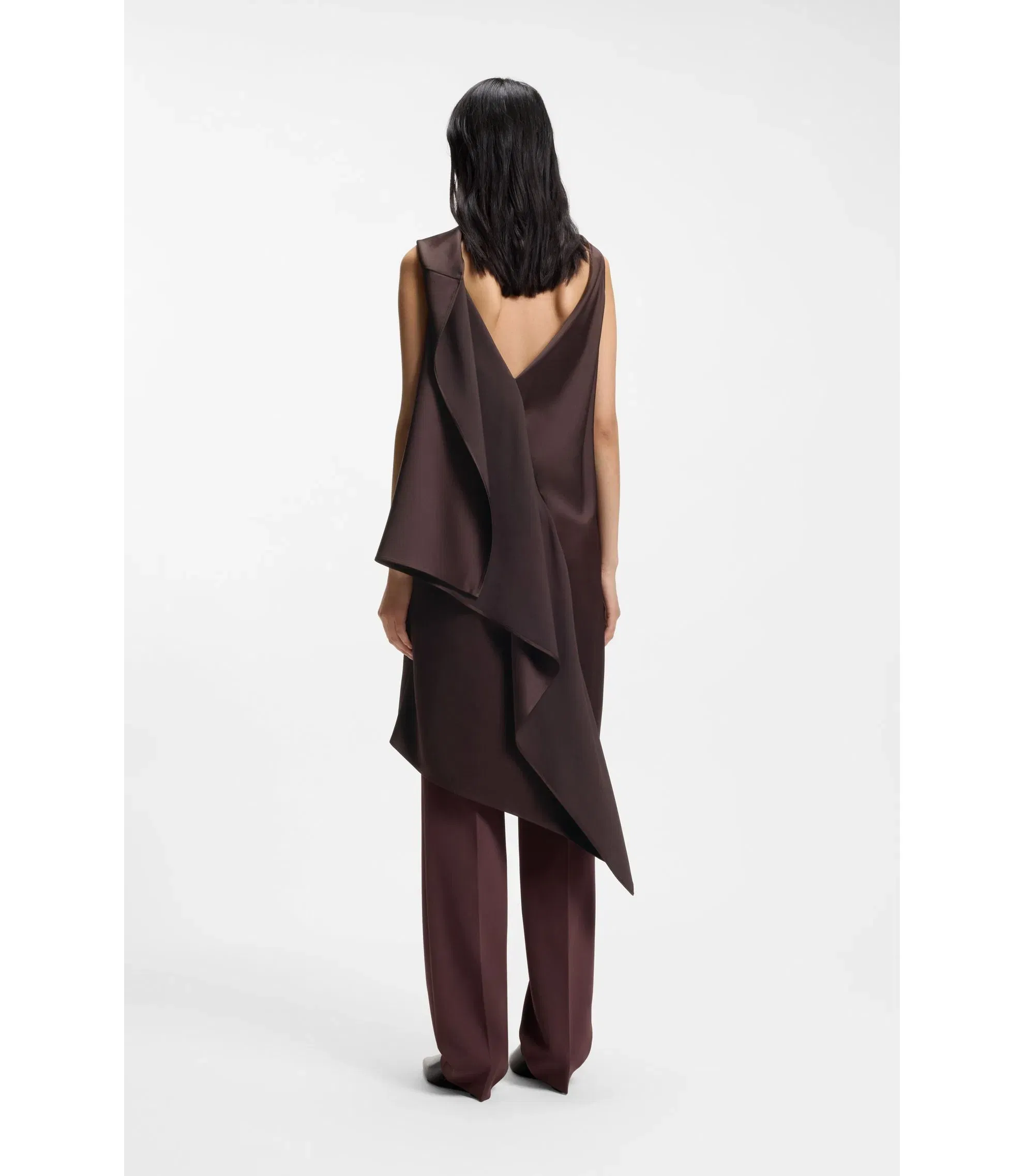 Boss High Shine Asymmetric Dress With Drape Neck Dark Brown Women's