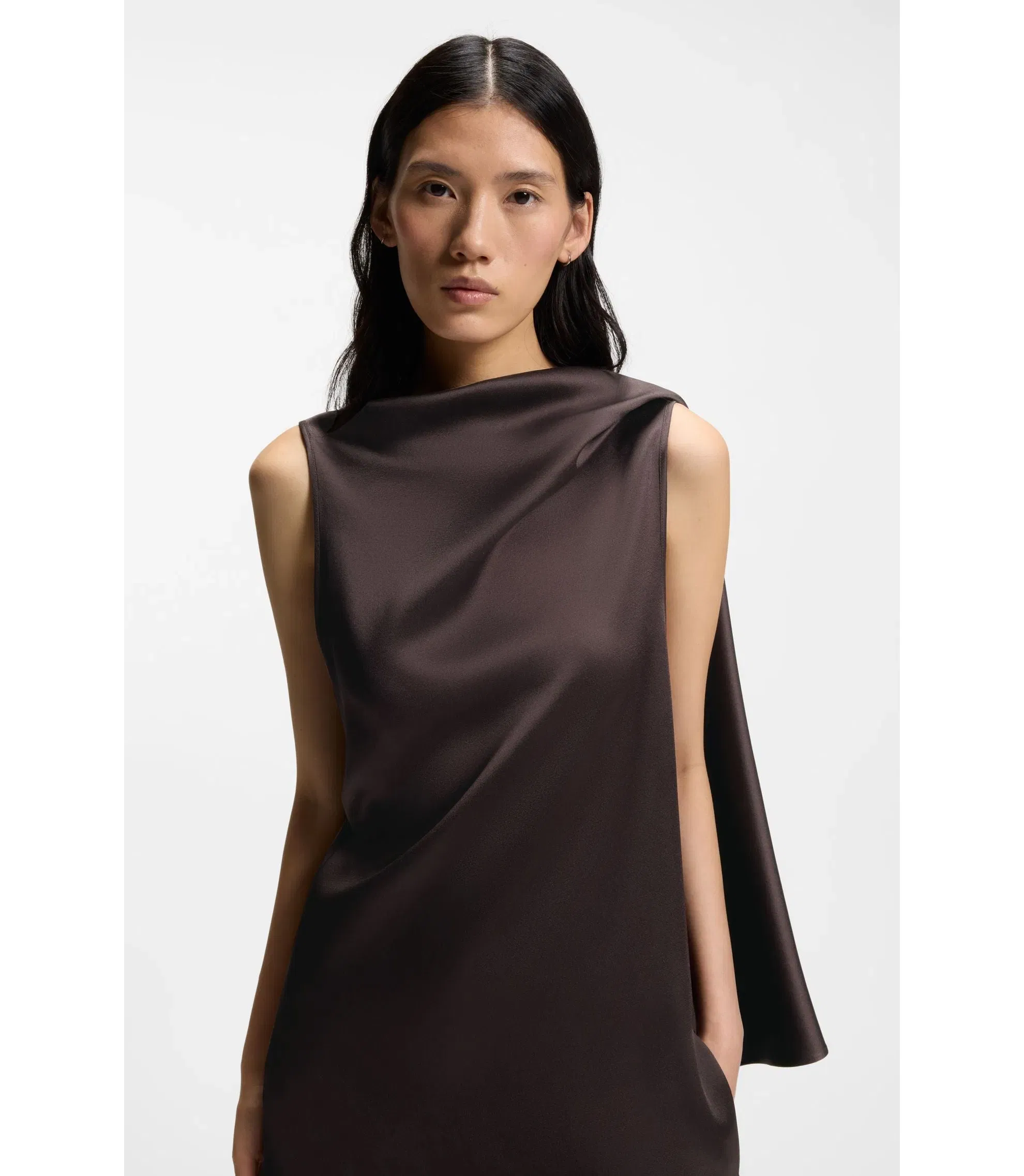Boss High Shine Asymmetric Dress With Drape Neck Dark Brown Women's
