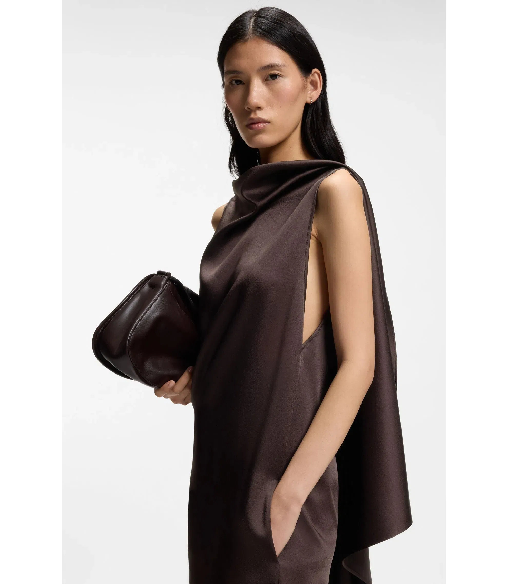 Boss High Shine Asymmetric Dress With Drape Neck Dark Brown Women's