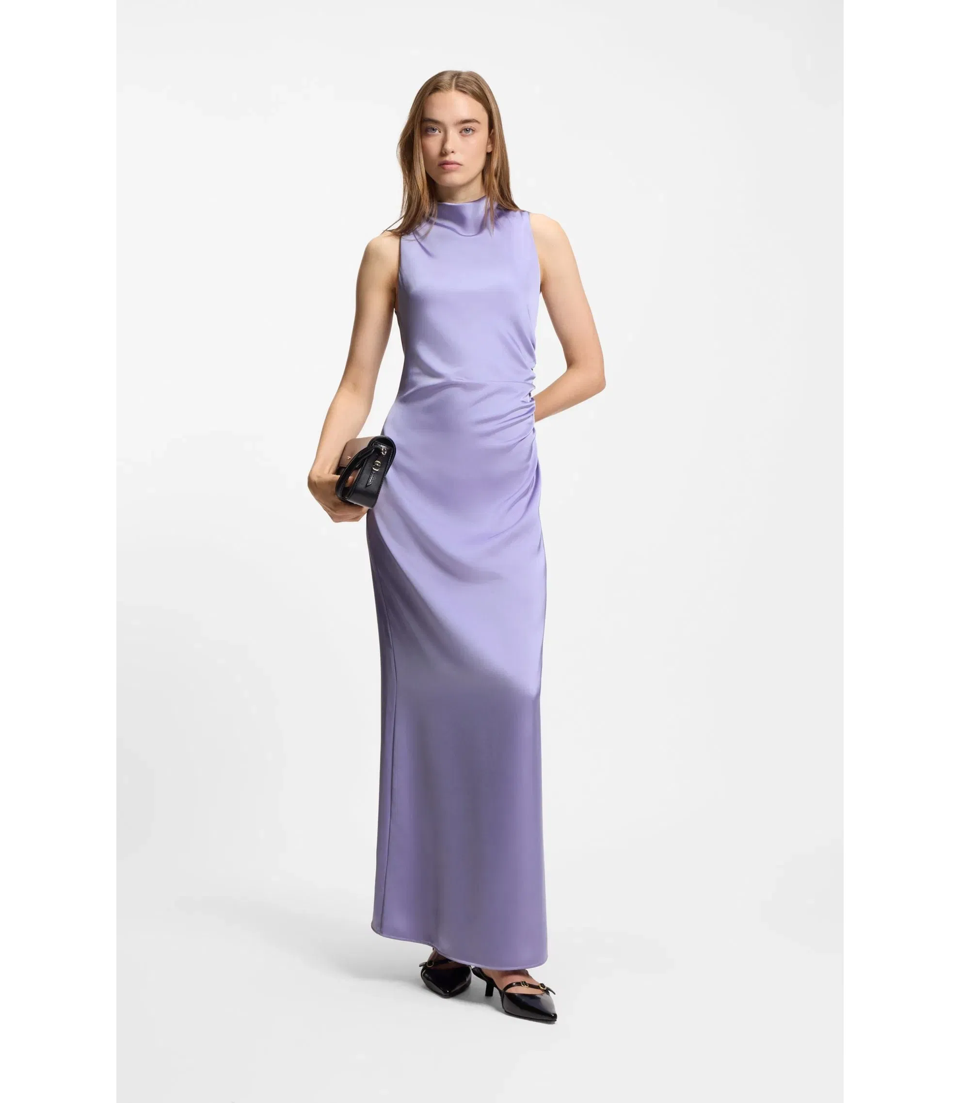 Hugo Gathered Detail Maxi Dress In Satin Purple Women's