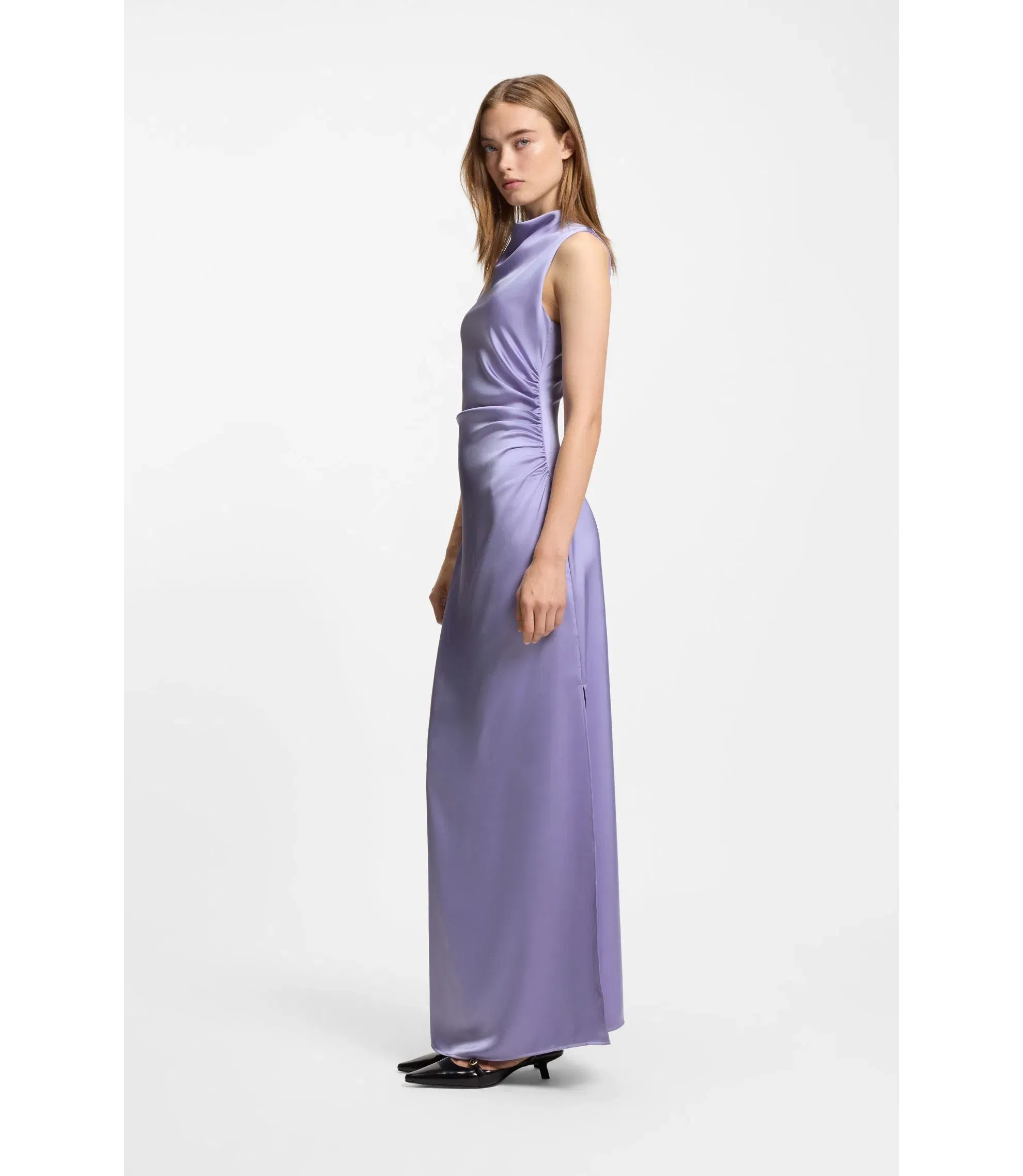 Hugo Gathered Detail Maxi Dress In Satin Purple Women's